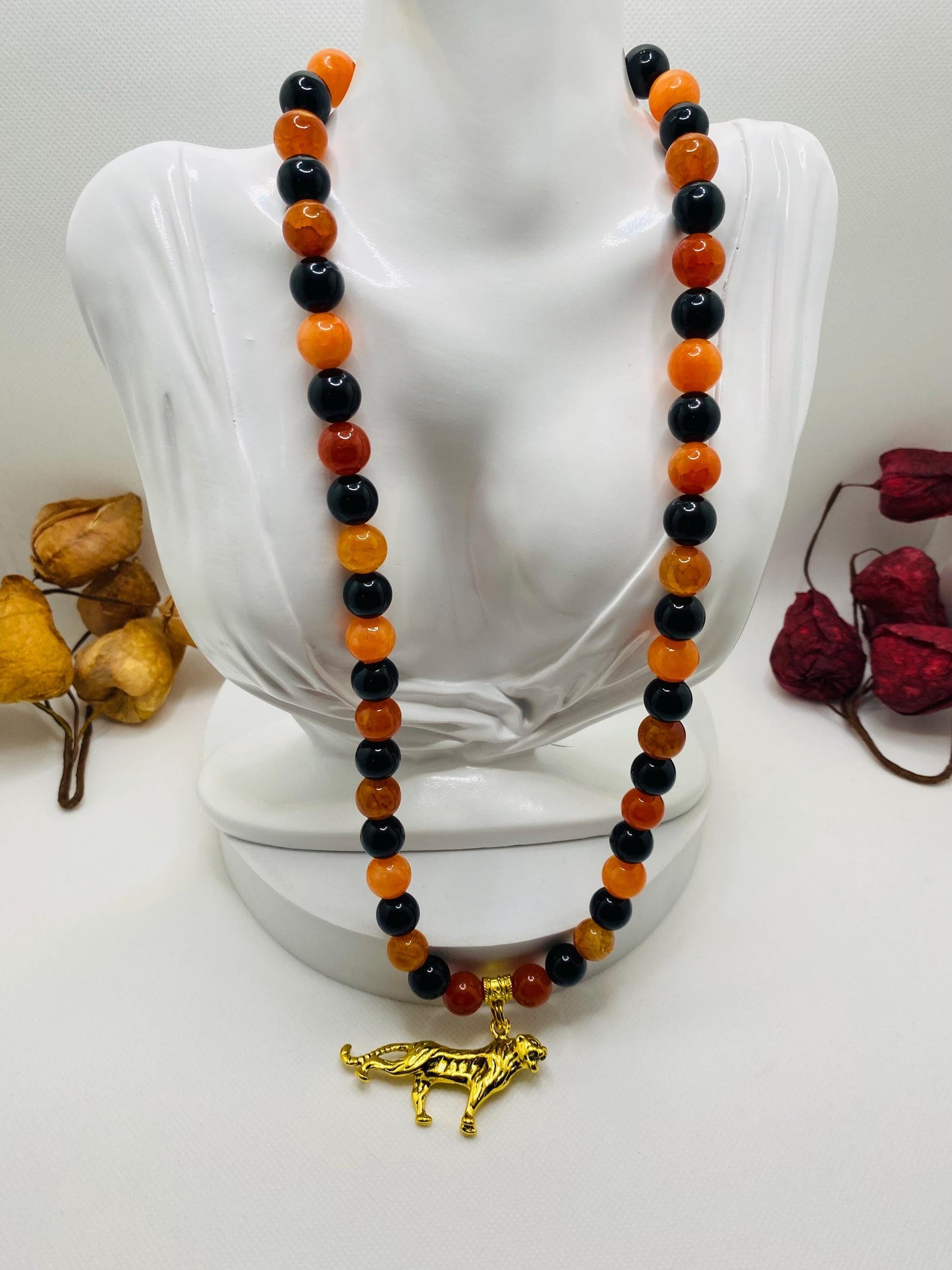 Cincinnati Bengals Charm Necklace for Men, Mens Necklace with Gemstone Beads, Tiger Pendant