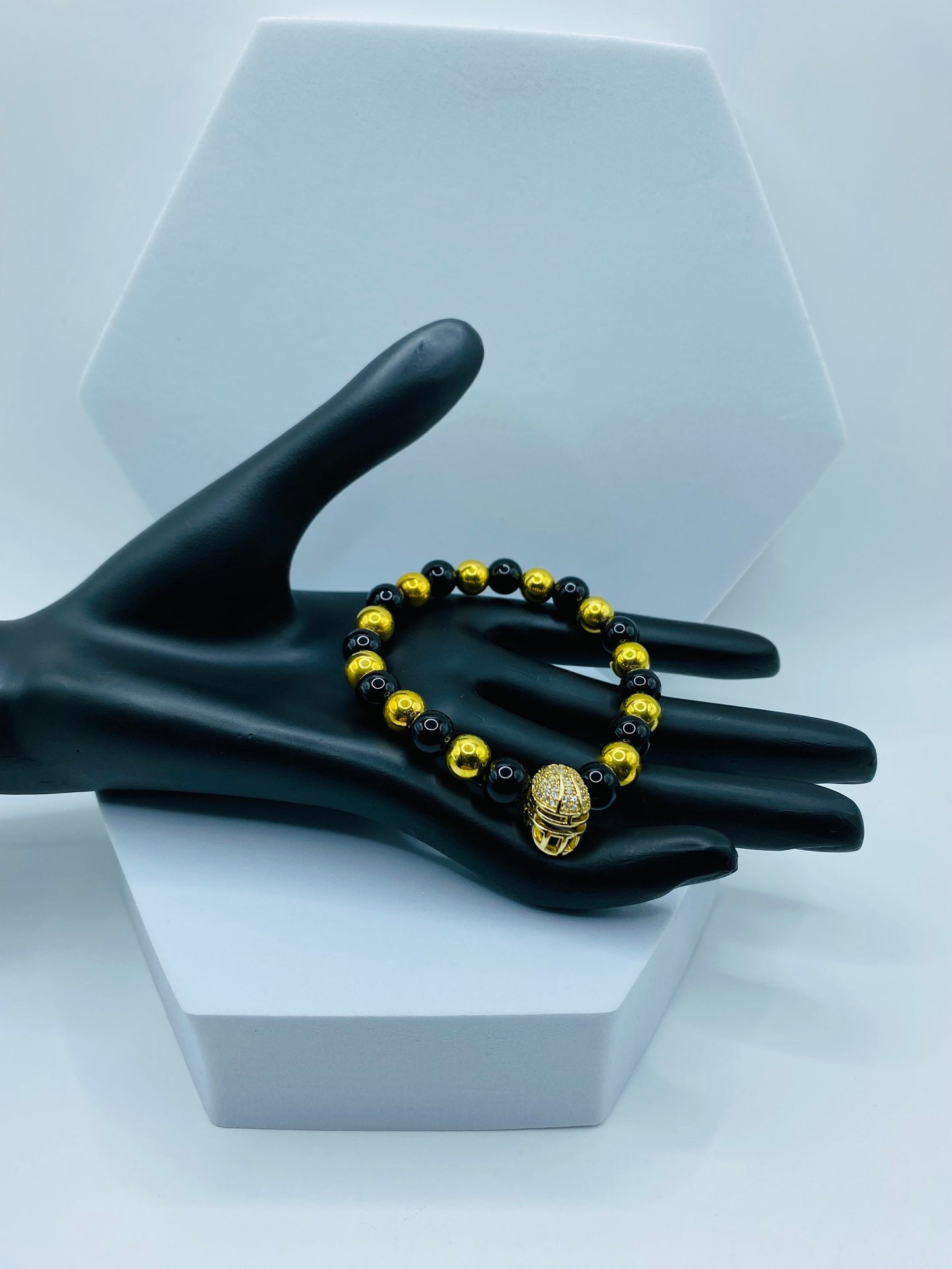 New Orleans Saints Bracelet: Onyx & Gold Hematite Football Helmet