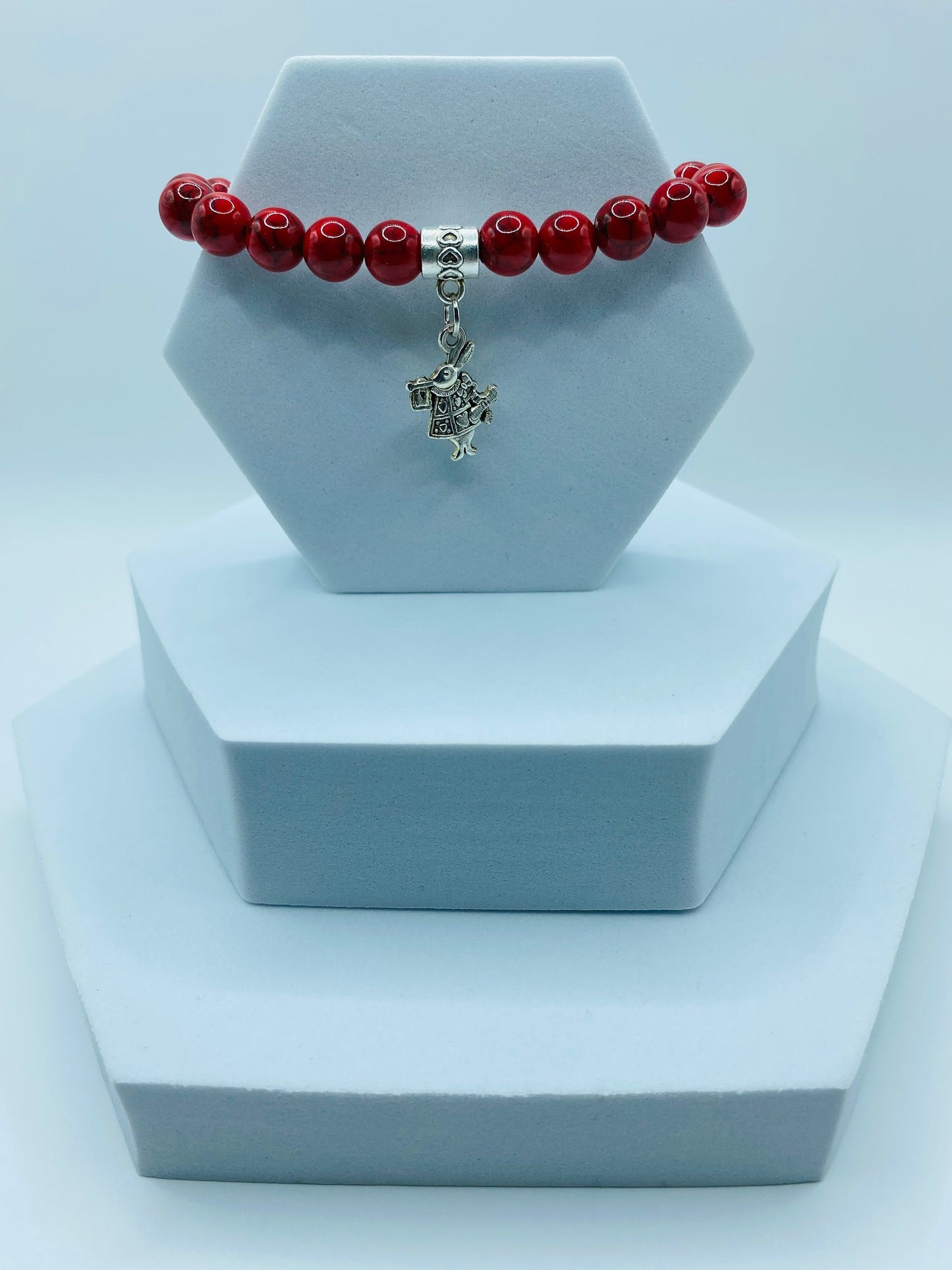 Charm Bracelet Alice in Wonderland Bad Bunny, Turquoise Gemstone Beaded Bracelet