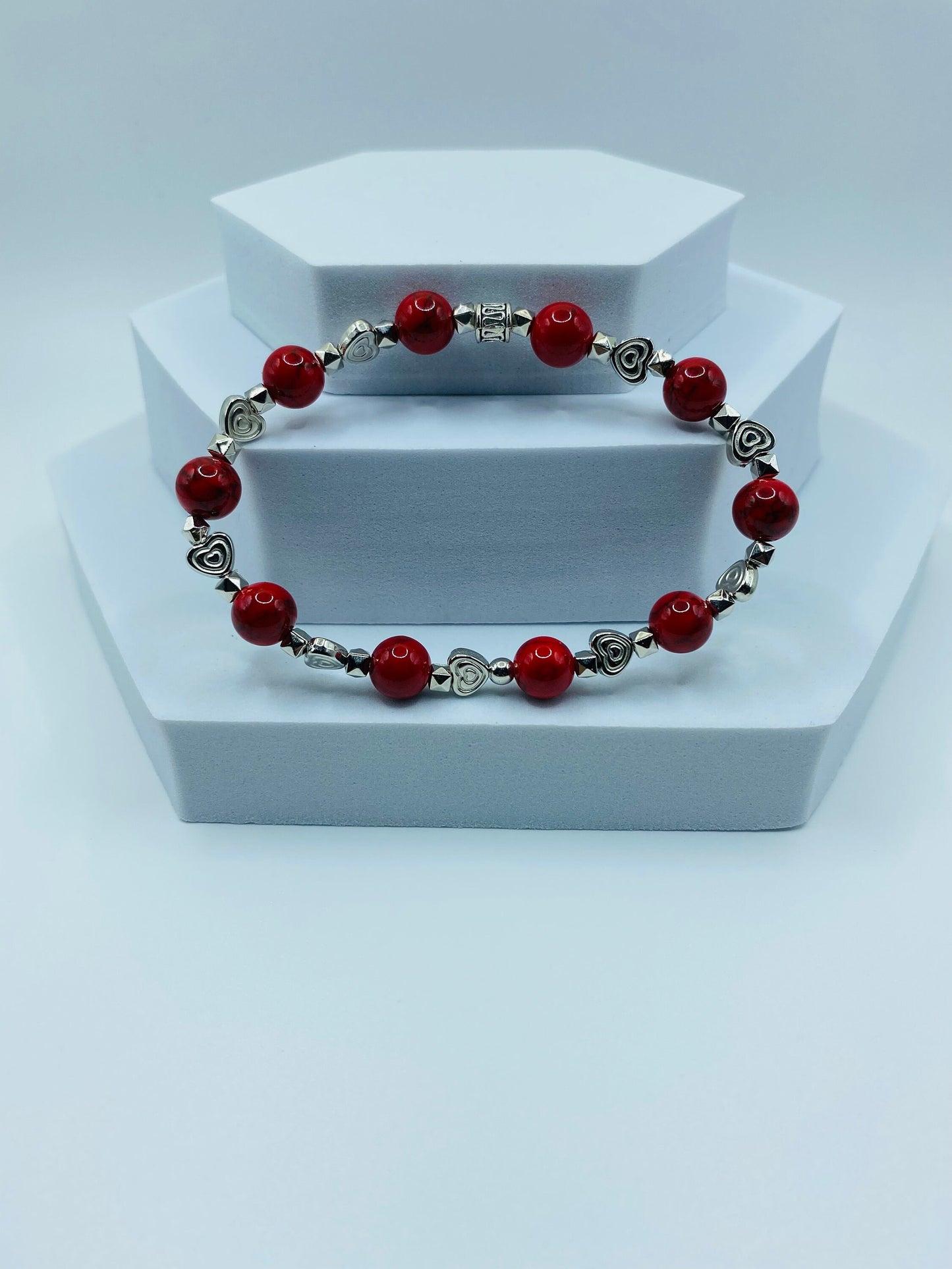 Red Turquoise Bracelet with White Gold Heart Charms
