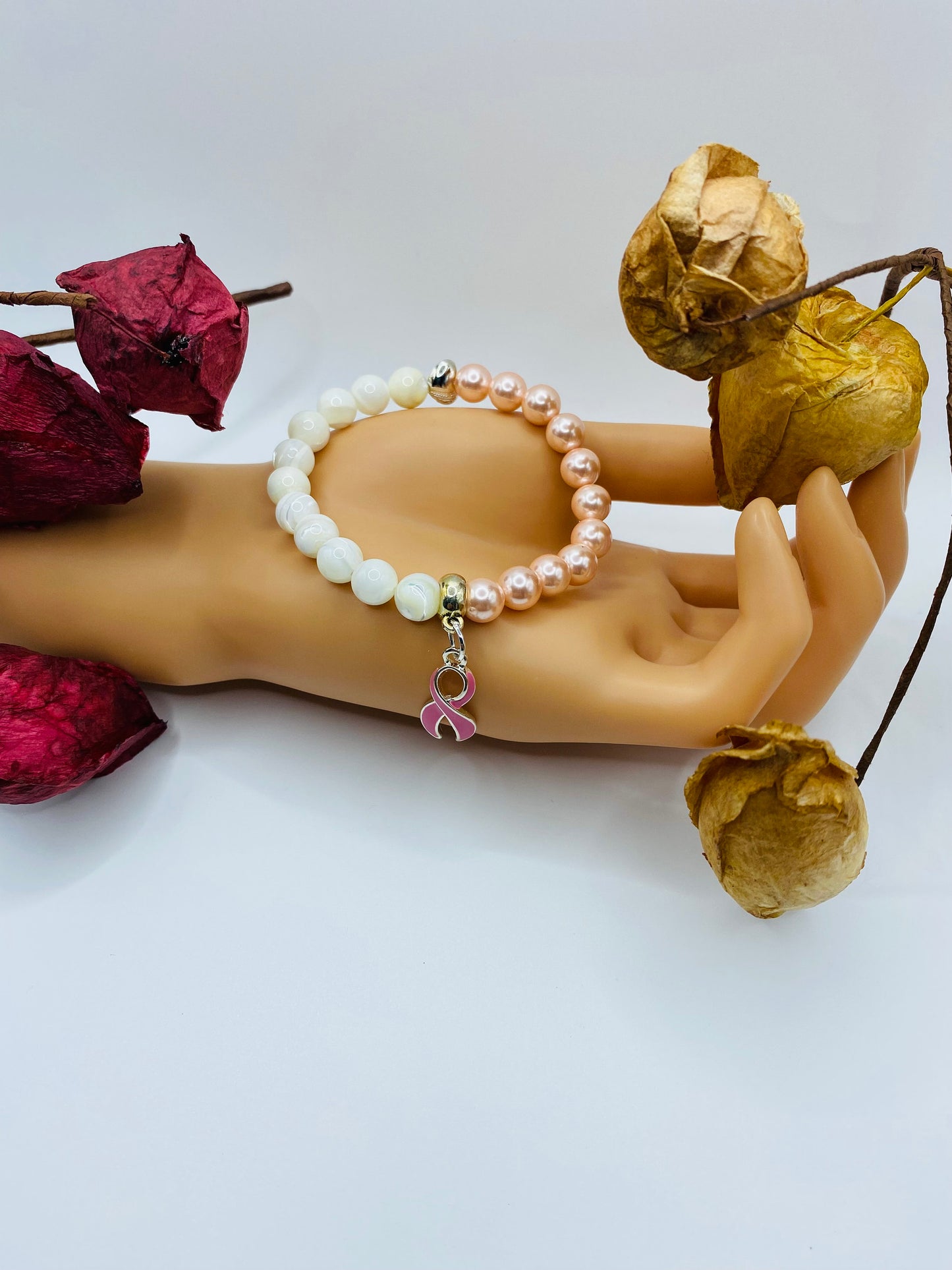 Mother of Pearl Breast Cancer Awareness Bracelet with Pink Ribbon Charm