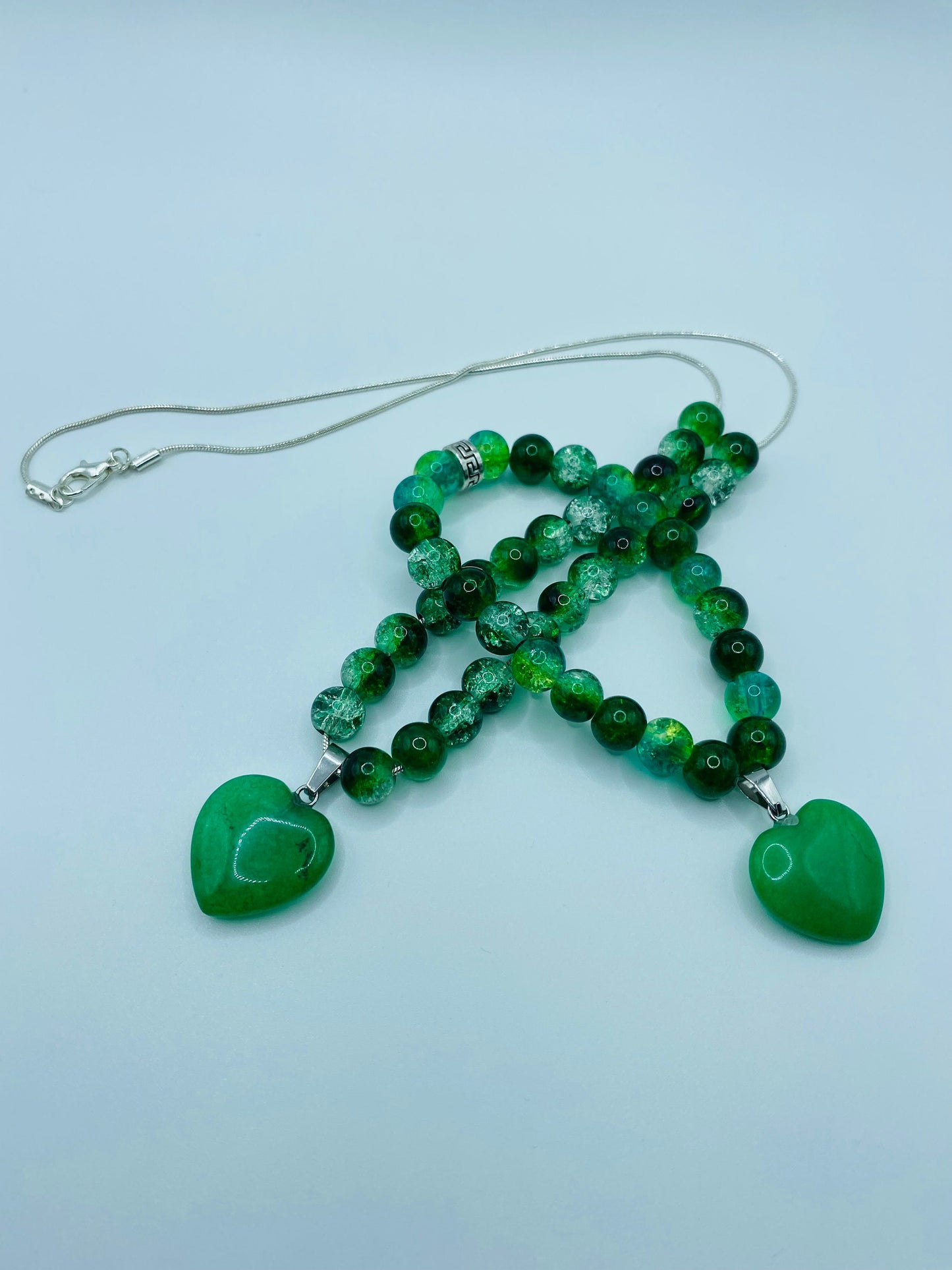 Handmade Jade Heart Necklace Bracelet Set: Green Glass Bead Jewelry