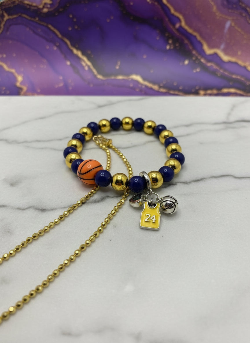 Kobe Bryant Lakers Bracelet: Amethyst & Hematite Gemstone Beads