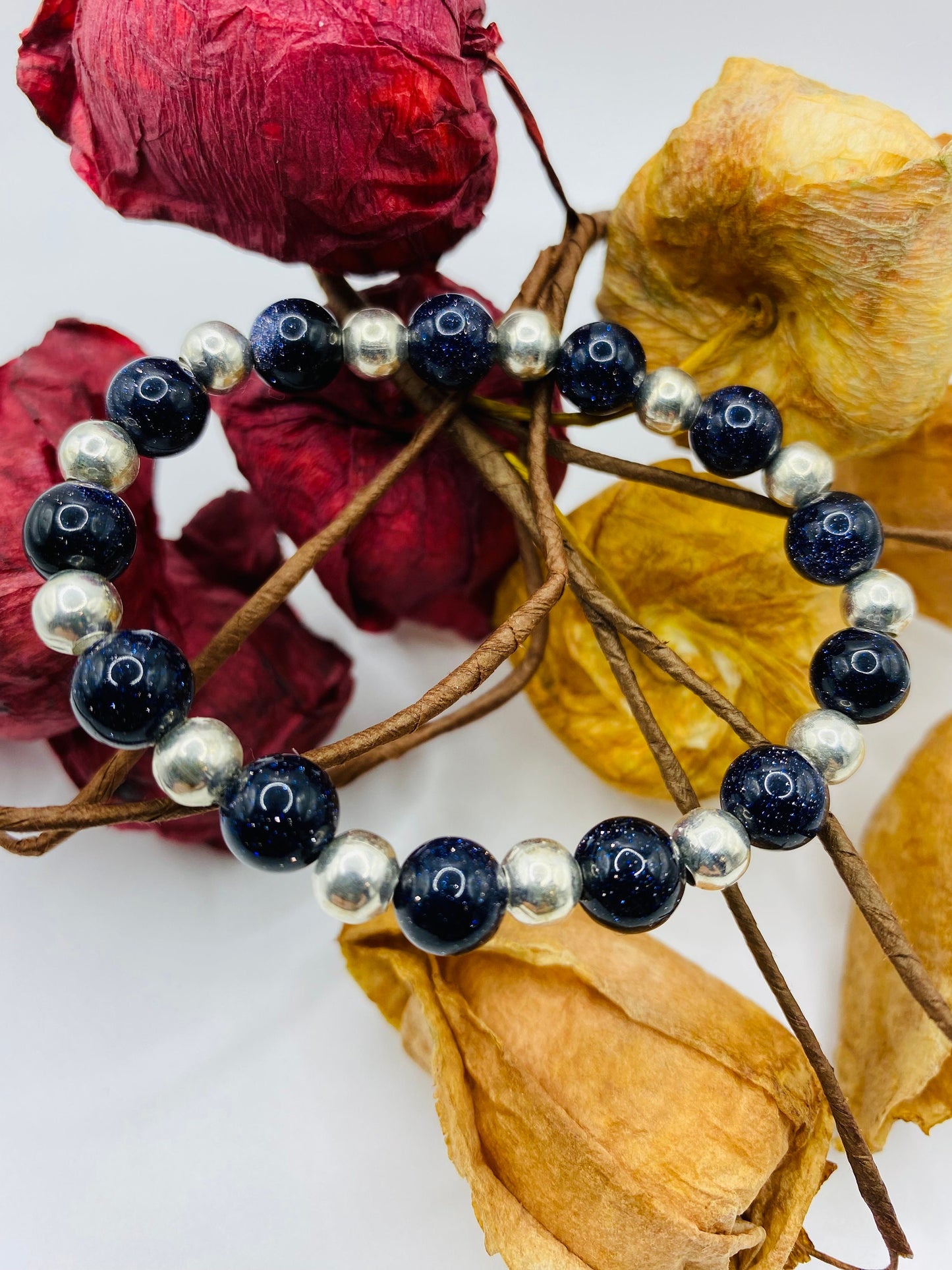 Beaded Bracelet Silver Hematite & Blue Sandstone Gemstone Beads - Mens Bracelet - Bracelets for Women