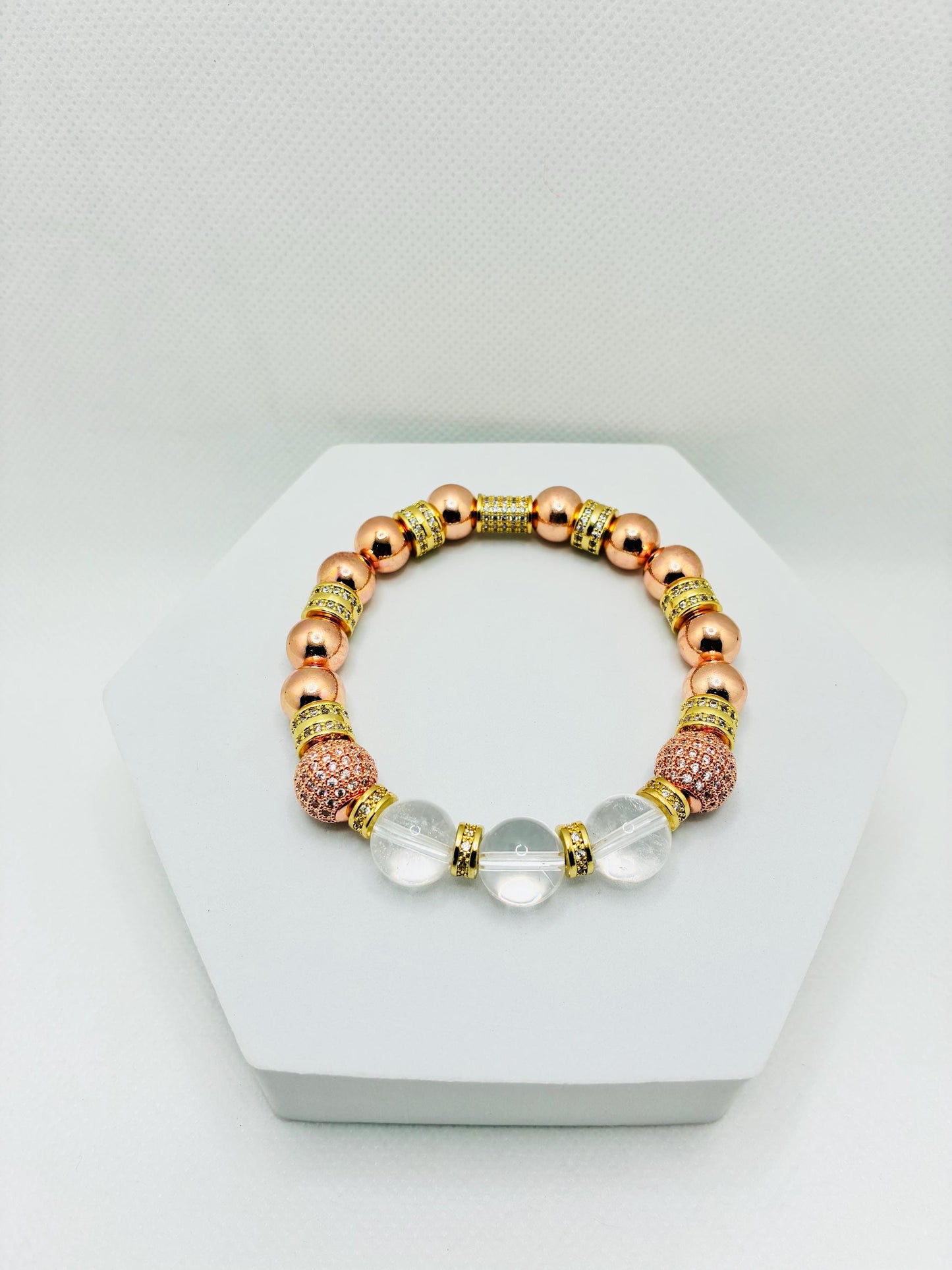 Rose Gold Plated Hematite Bracelet: Clear Quartz & Cubic Zirconia Beads