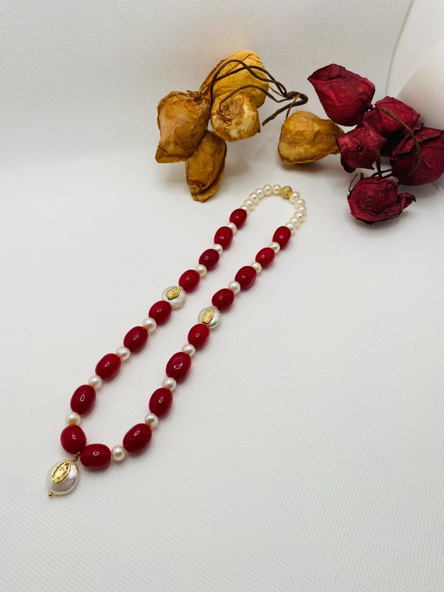 Handmade Red Jade Pearl Necklace: Virgin Mary Religious Jewelry