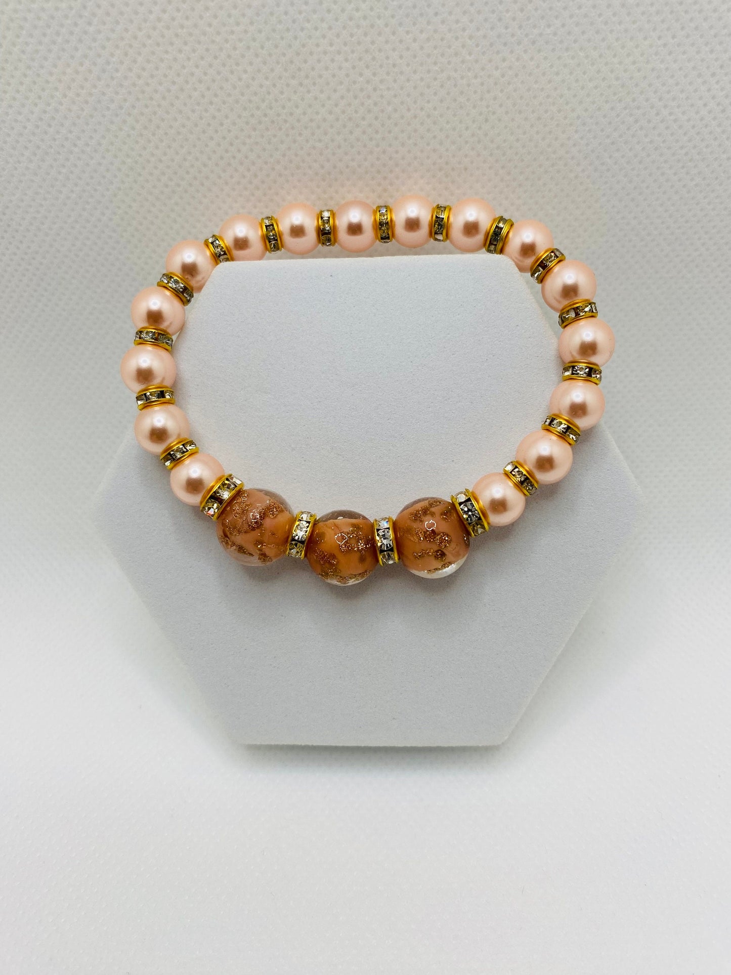 Pink Mother of Pearl Bracelet: Lampwork Glass Beads & Gold Rondelles