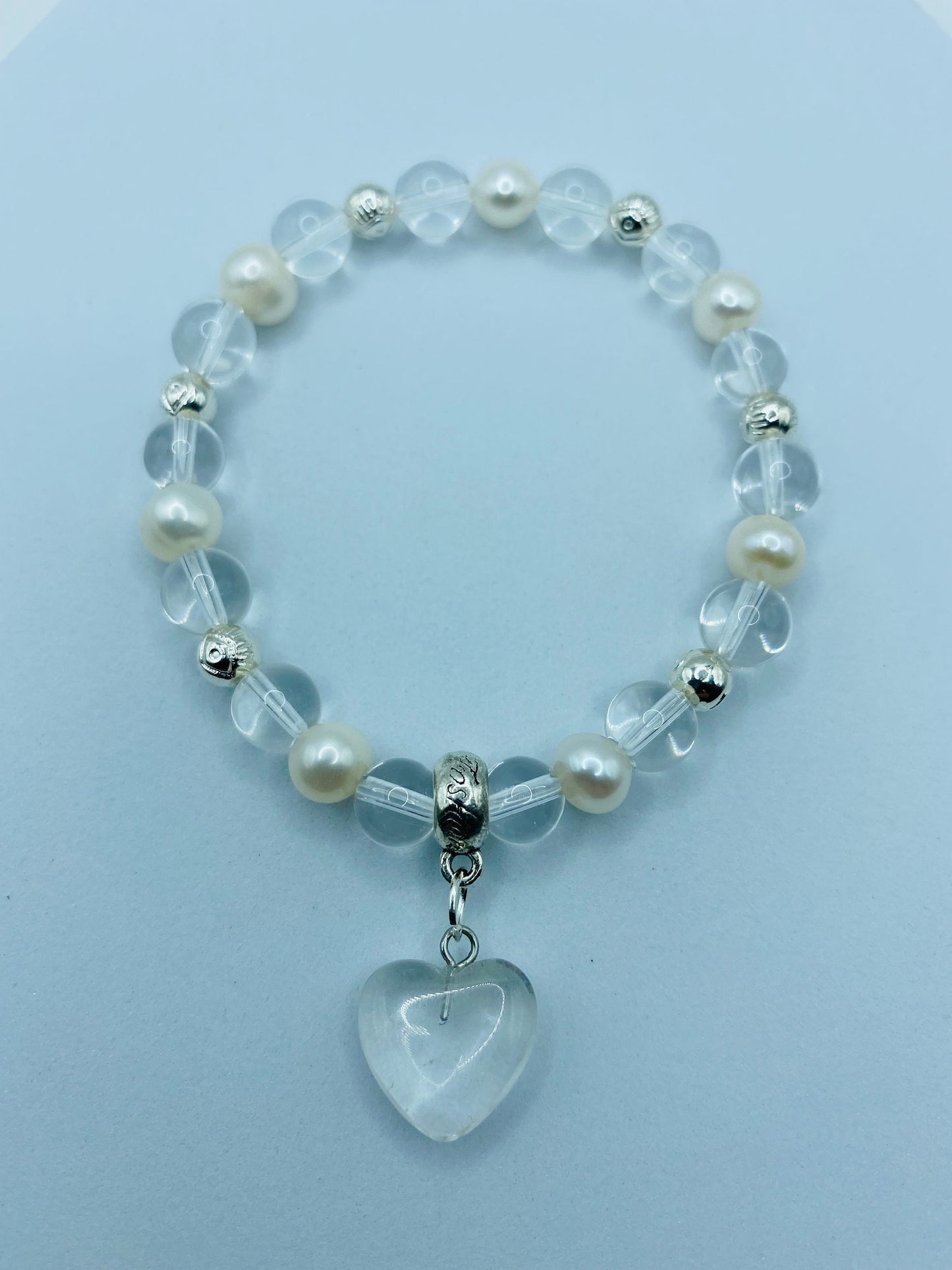 Clear Quartz Crystal Bracelet: Baroque Pearls & Heart Charm