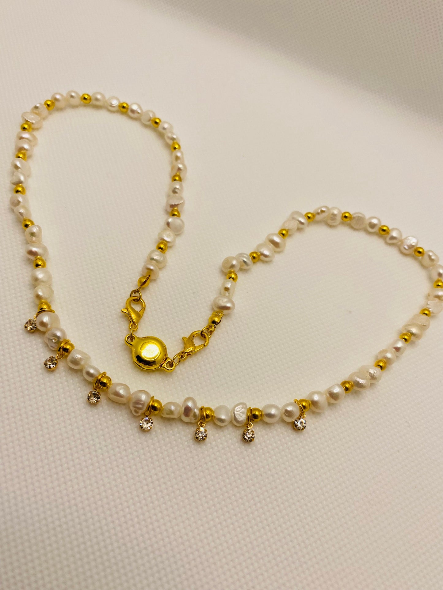 Baroque Pearl Necklace: 18k Gold Plated Hematite Beads, CZ Crystal Pendant