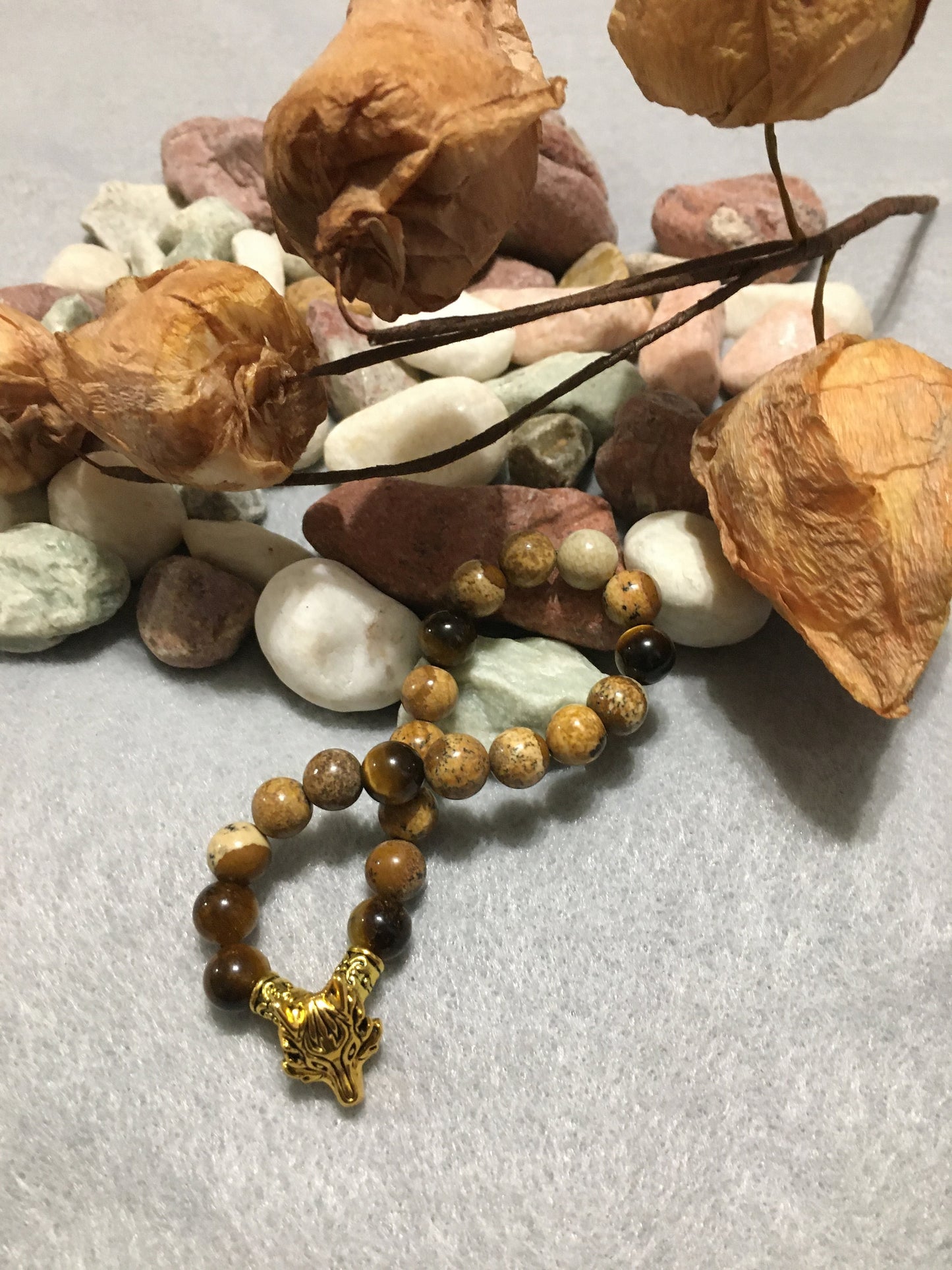 Wolf Head Charm Bracelet: Jasper & Tiger's Eye Gemstone Beads
