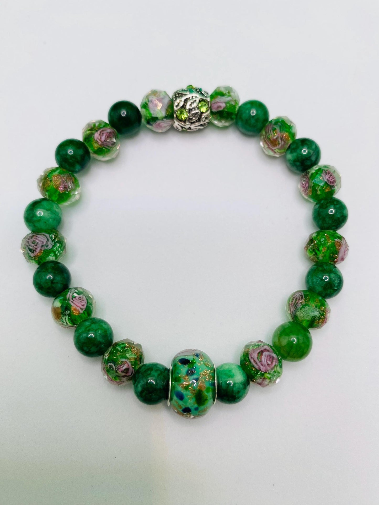 Lampwork Glass & Chalcedony Beaded Bracelet: Handmade Floral Jewelry