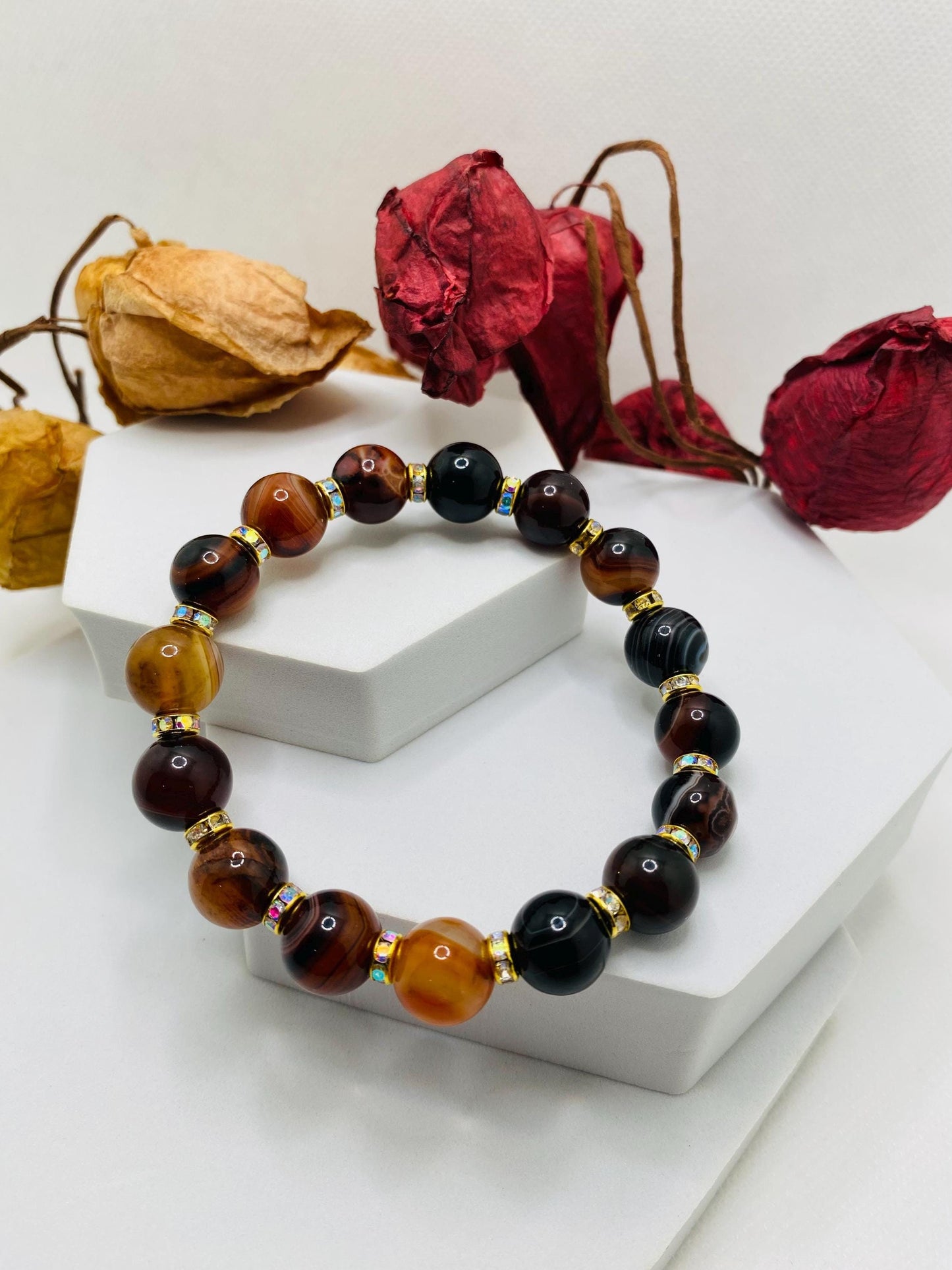 Red Dream Agate Gemstone Bracelet: Chunky Rhinestone Rondelle Jewelry