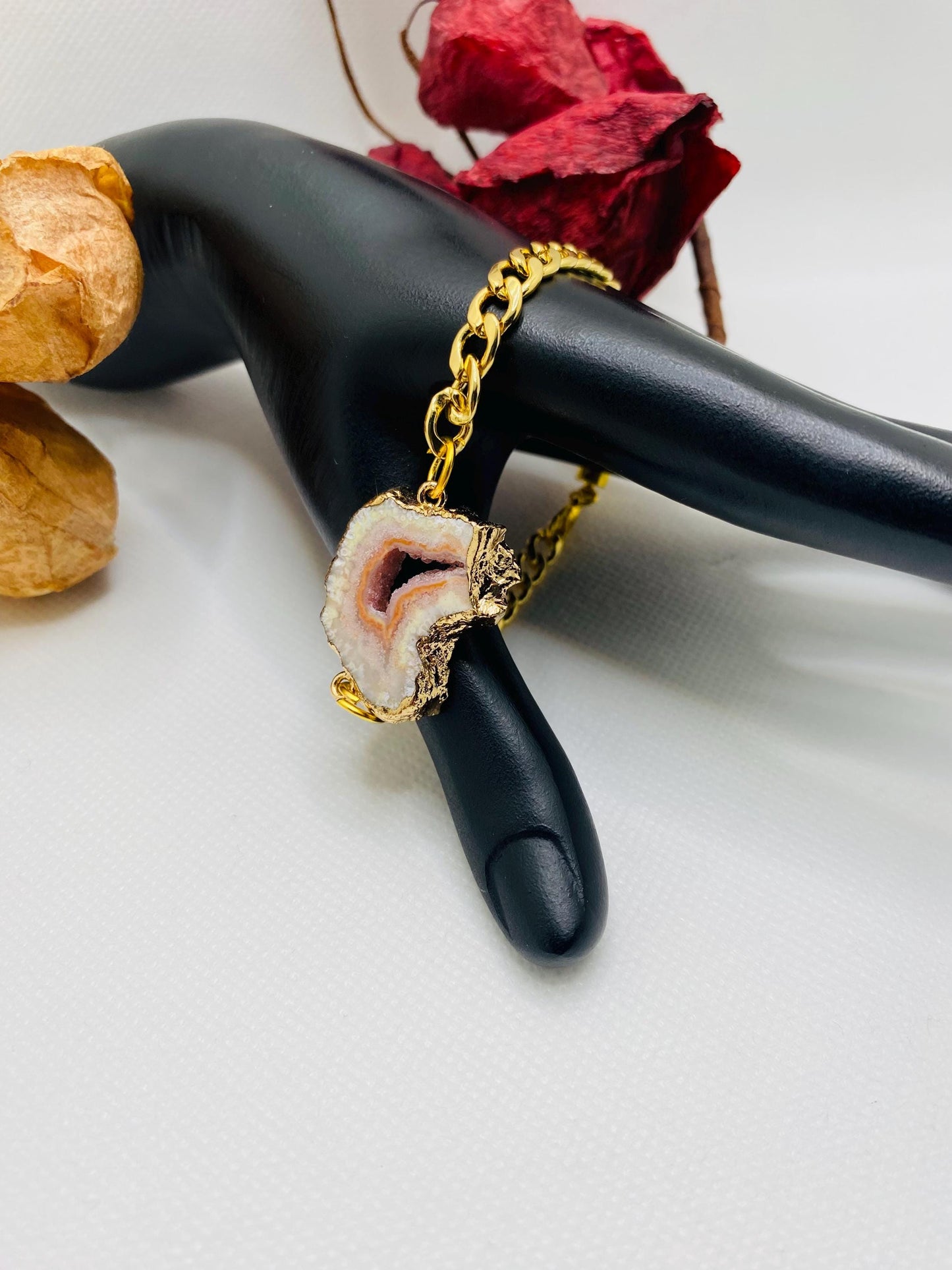 Handmade 18k Gold Cuban Link Bracelet: Geode Agate Gemstone, Magnetic Clasp