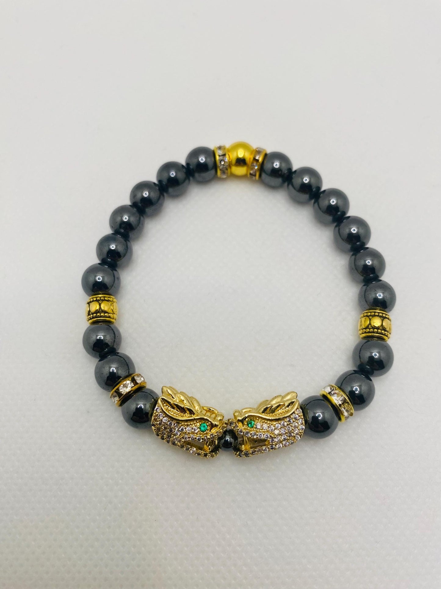 Hematite Dragon Bracelet: Gold Plated Charm, Rhinestone Spacers