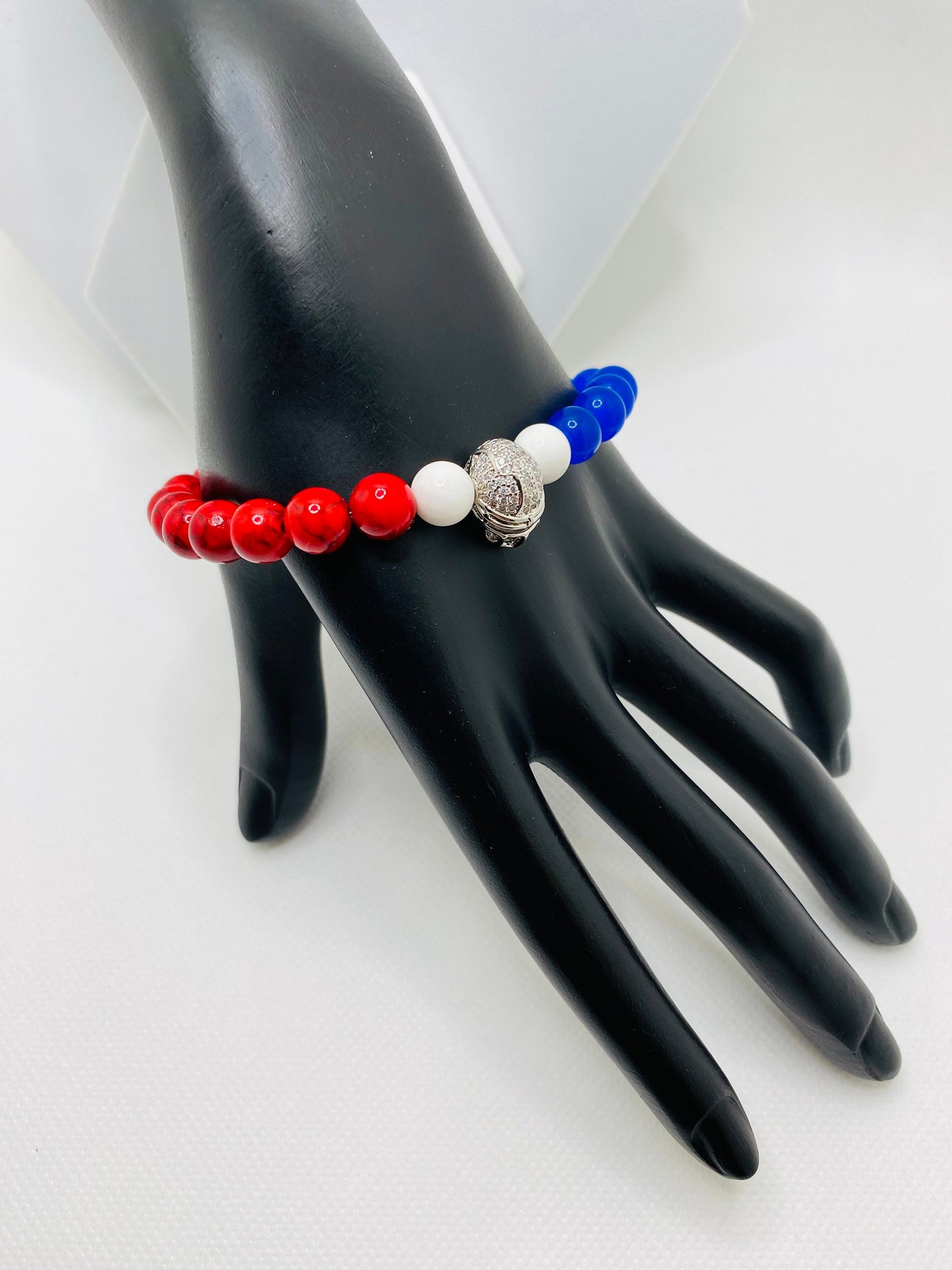 Buffalo Bills Beaded Bracelet: Red Turquoise, Blue Chalcedony, Football Helmet Charm