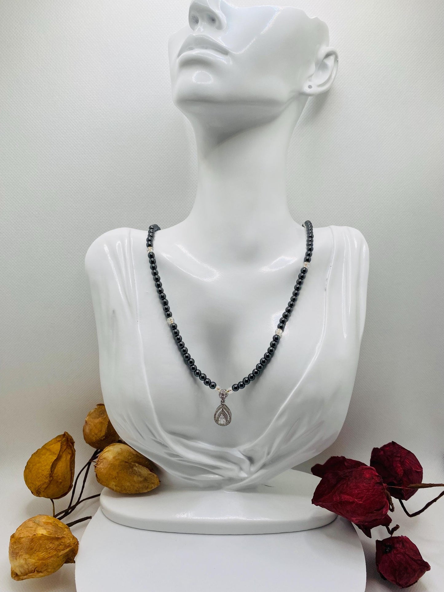 Womens Necklace Handmade Jewelry - Hematite Gemstone Beads & Zirconia Pendant, Gifts for her, Crystal Necklace