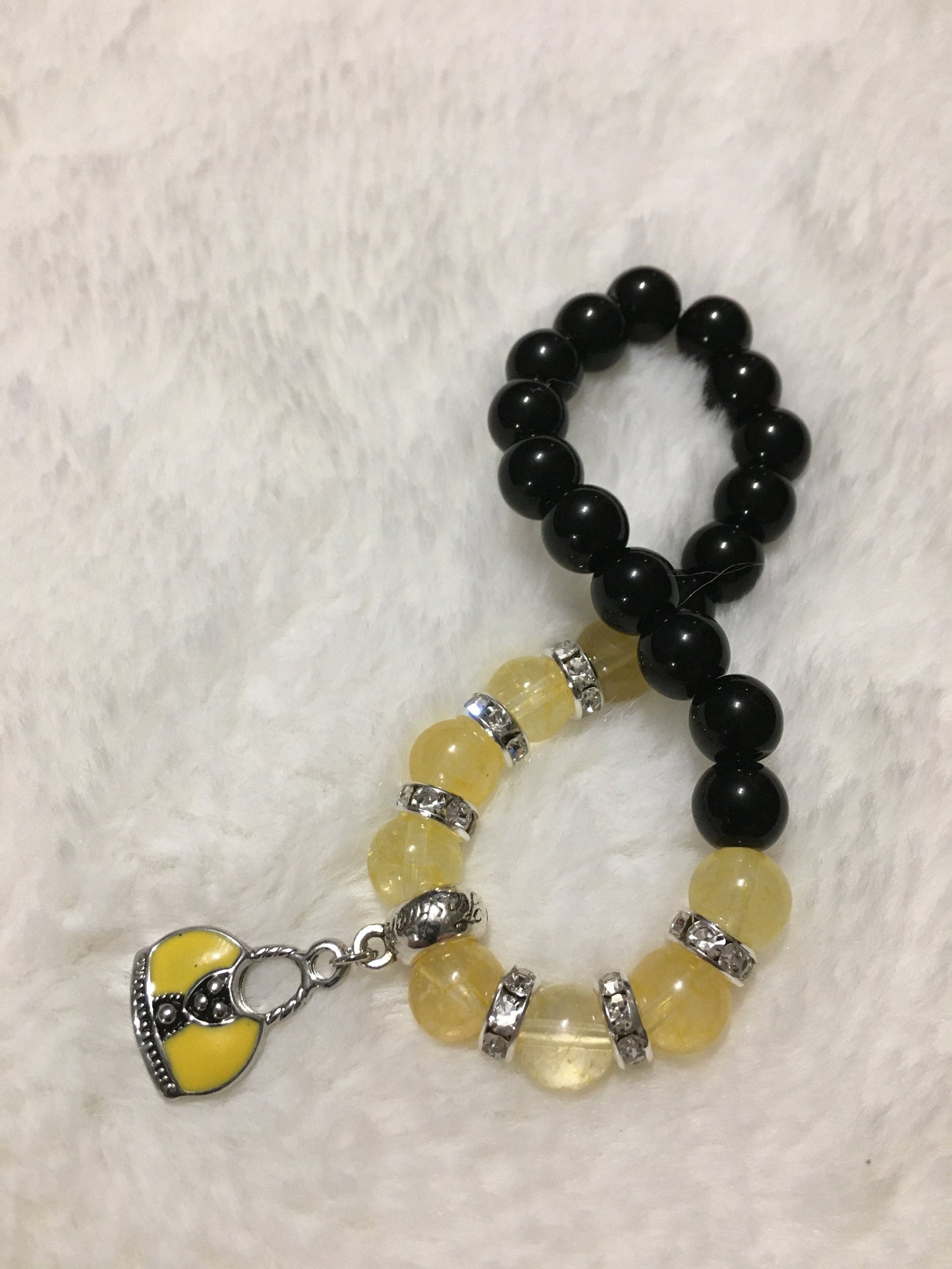 Citrine & Black Onyx Bracelet: Silver Purse Charm, Rhinestone Accents