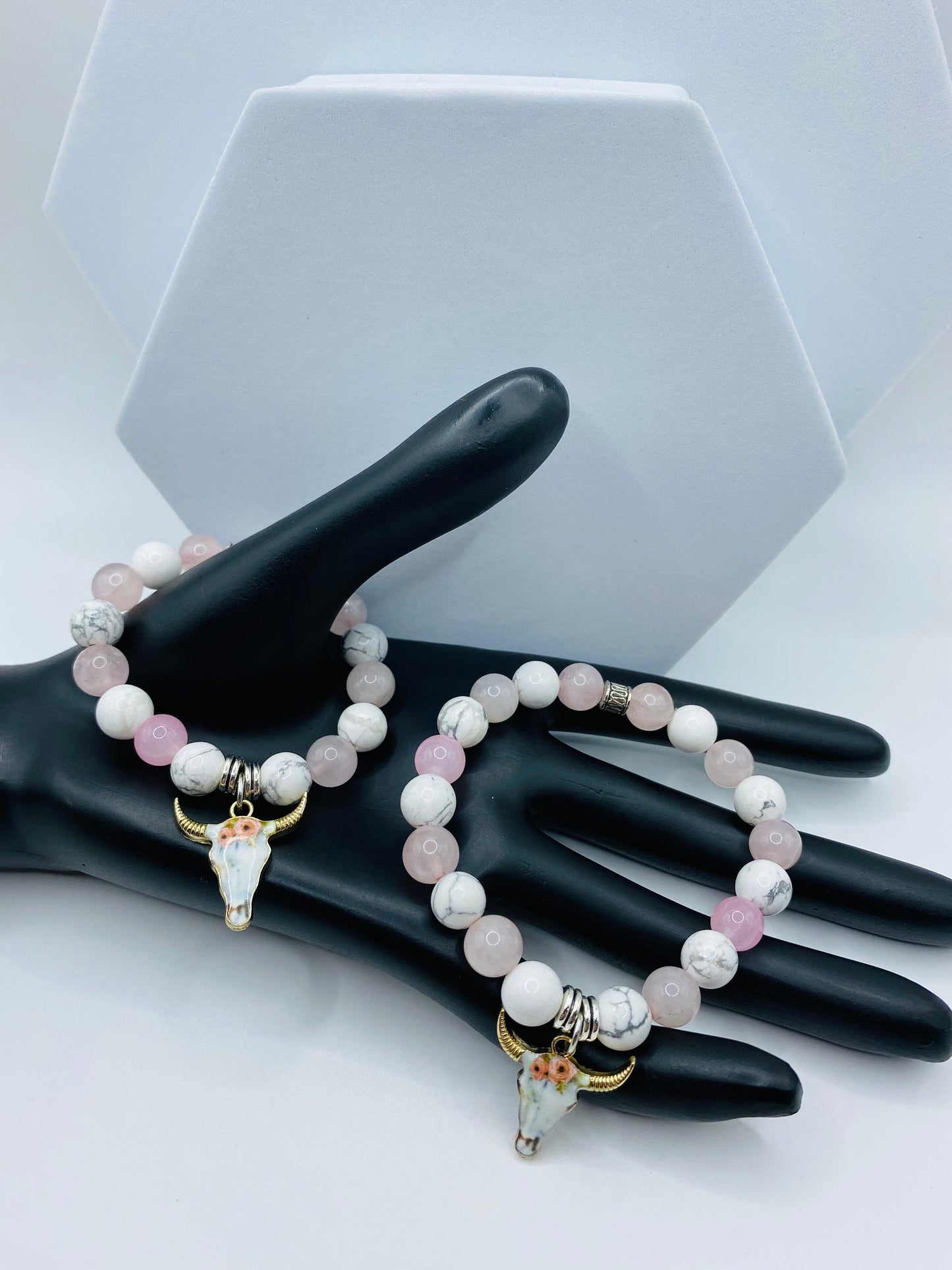 Mommy and Me Cow Charm Bracelet: Rose Quartz & Howlite Gemstone Beads