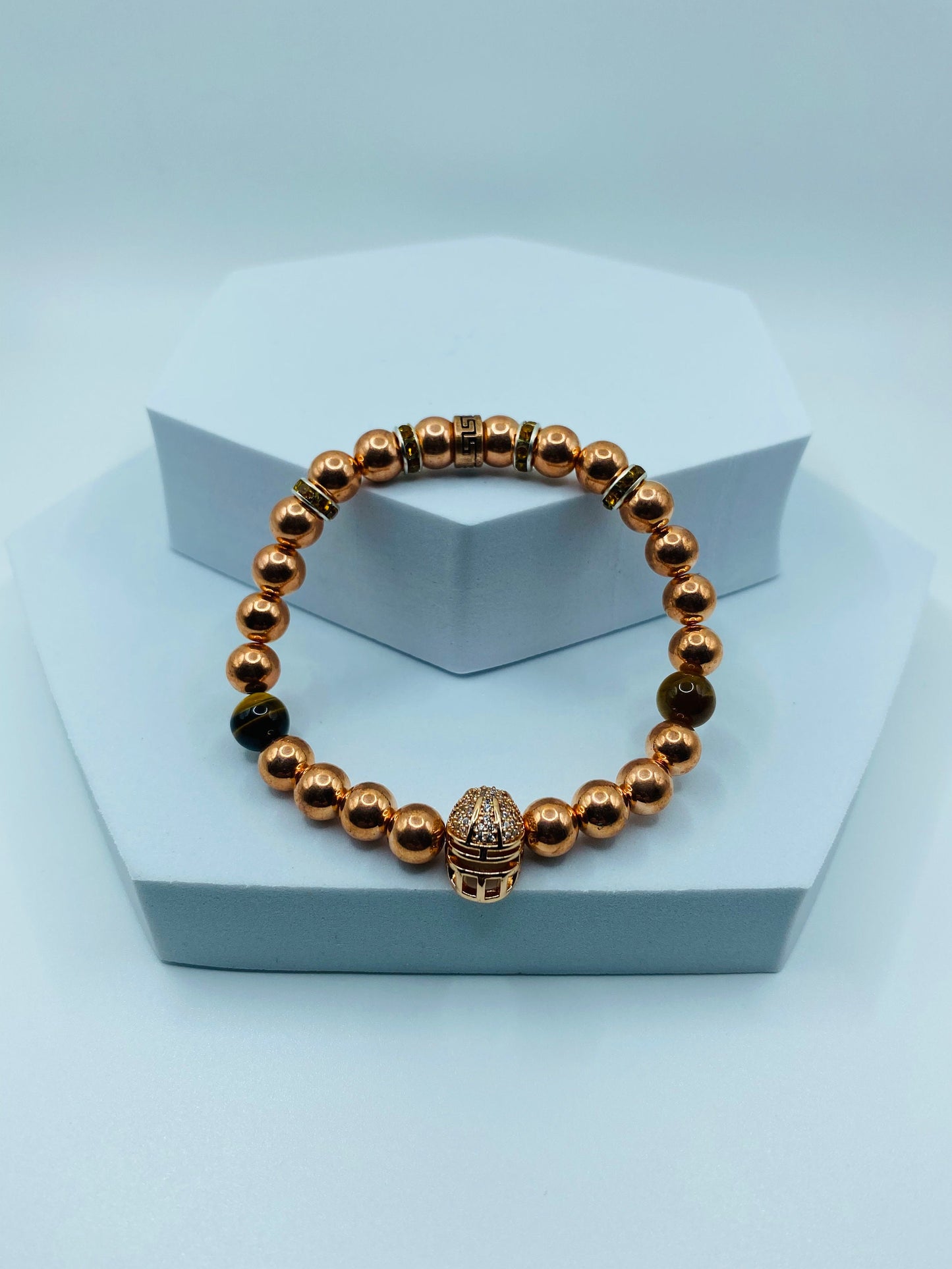 Rose Gold Hematite Bracelet: Spartan Helmet, Tiger's Eye Beads