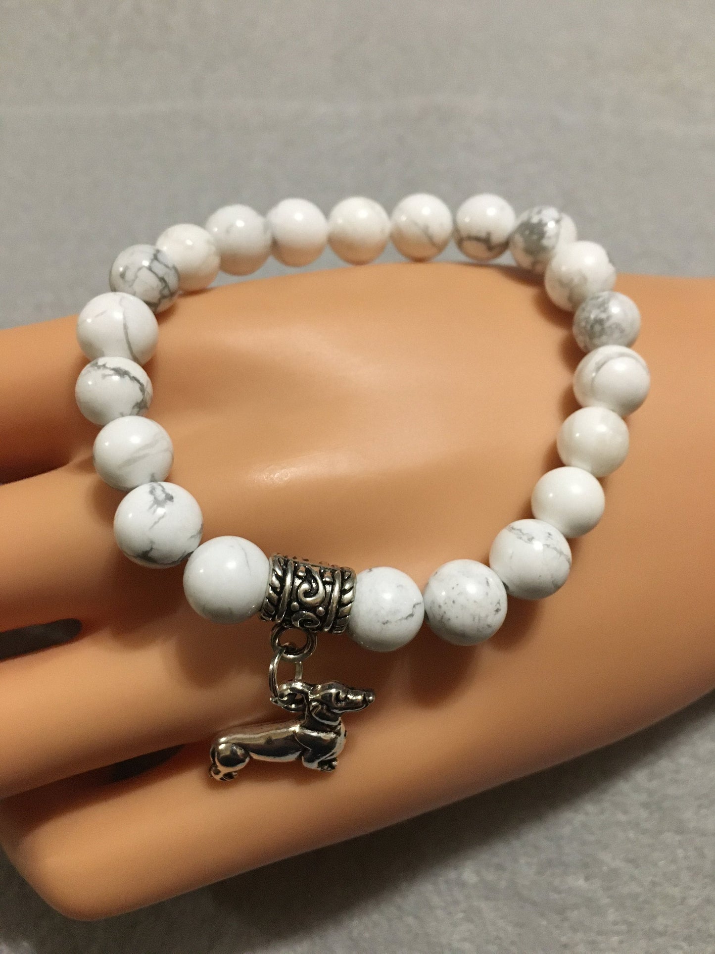 Dachshund Charm Bracelet: Howlite Gemstone Beads, Dog Memorial Gift