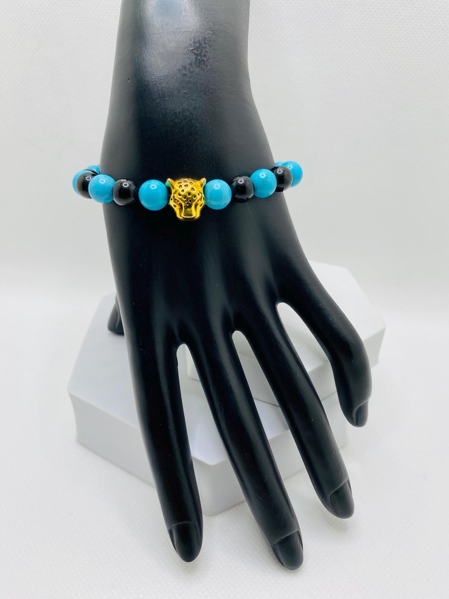Jacksonville Jaguars Bracelet: Jade & Onyx Gemstone Beads with Gold Jaguar Charm