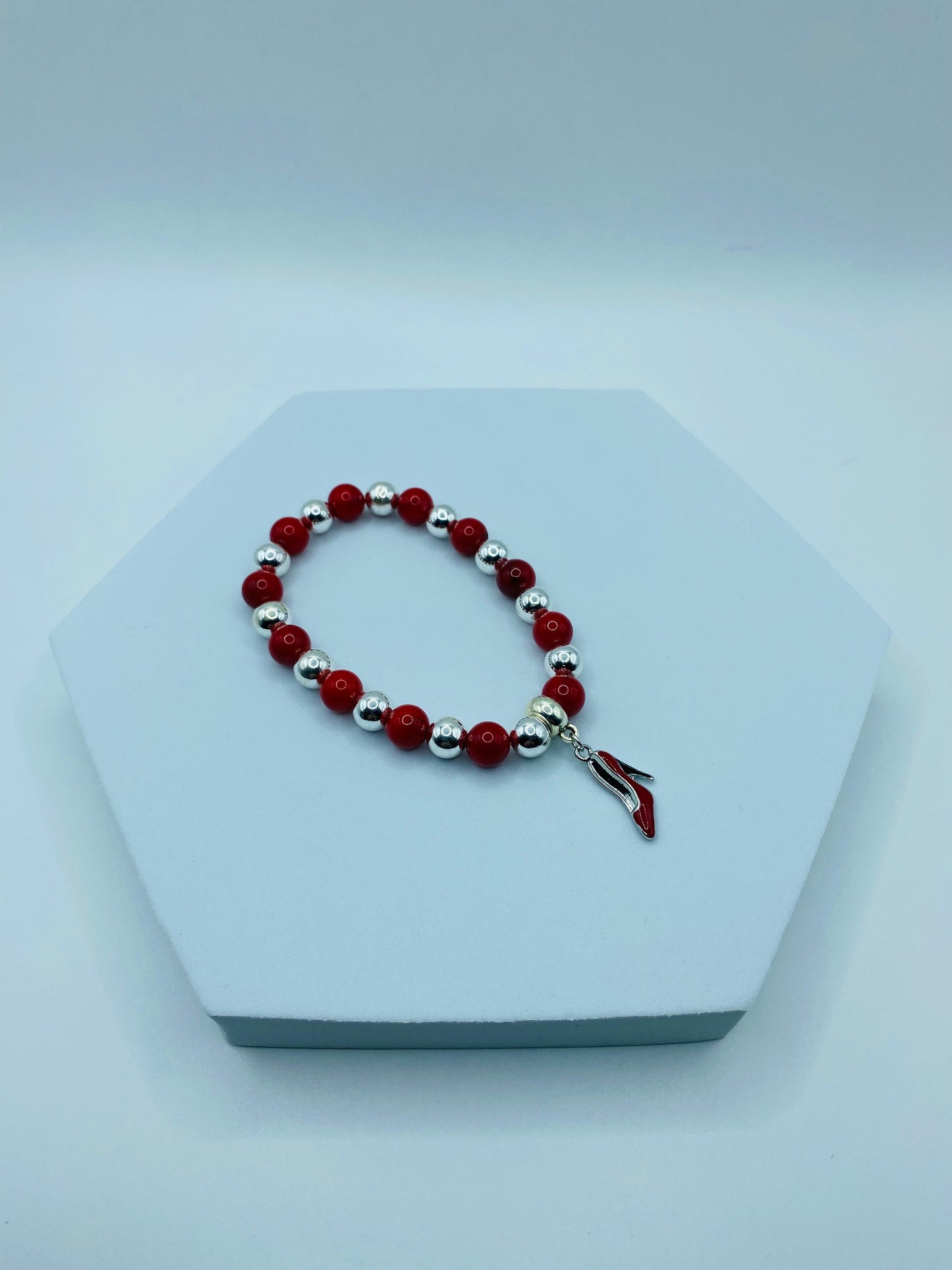 Red Coral Shoe Charm Bracelet: Silver Hematite Gemstone Beads