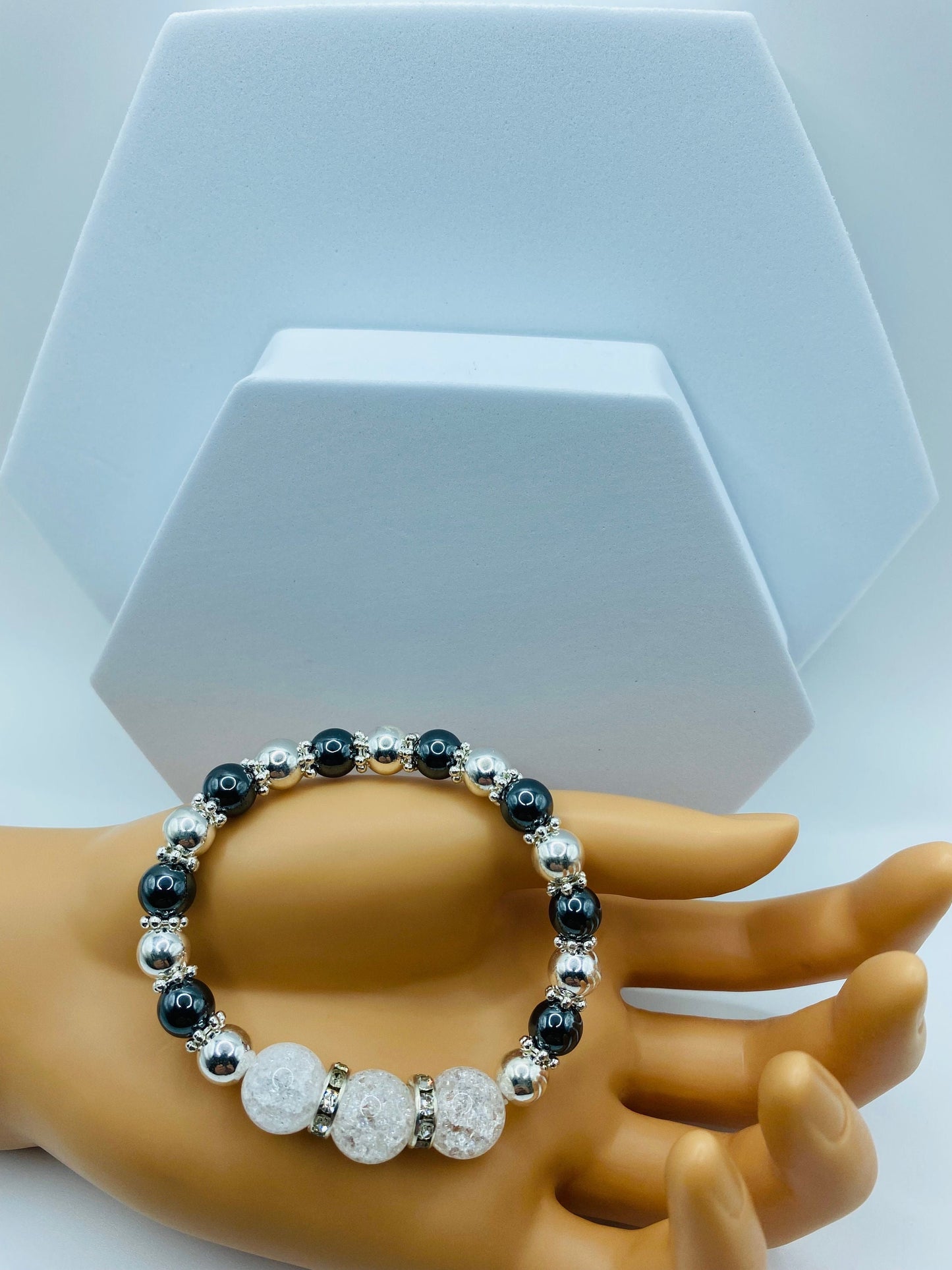 Quartz Crystal Bracelet with Silver & Black Hematite Gemstone Beads - Bracelets for women - Mens Bracelet