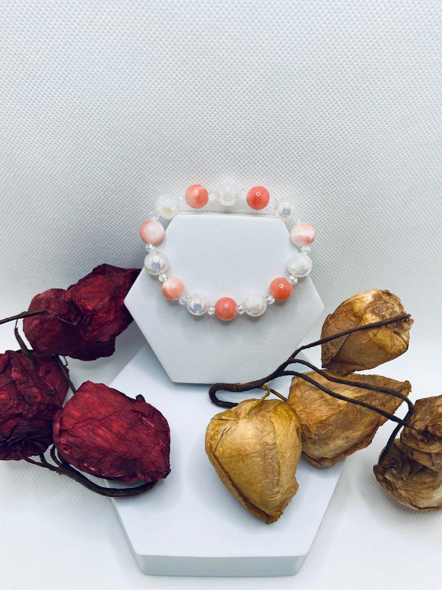 Snow Quartz, Onyx & Persian Pink Gemstone Bracelet