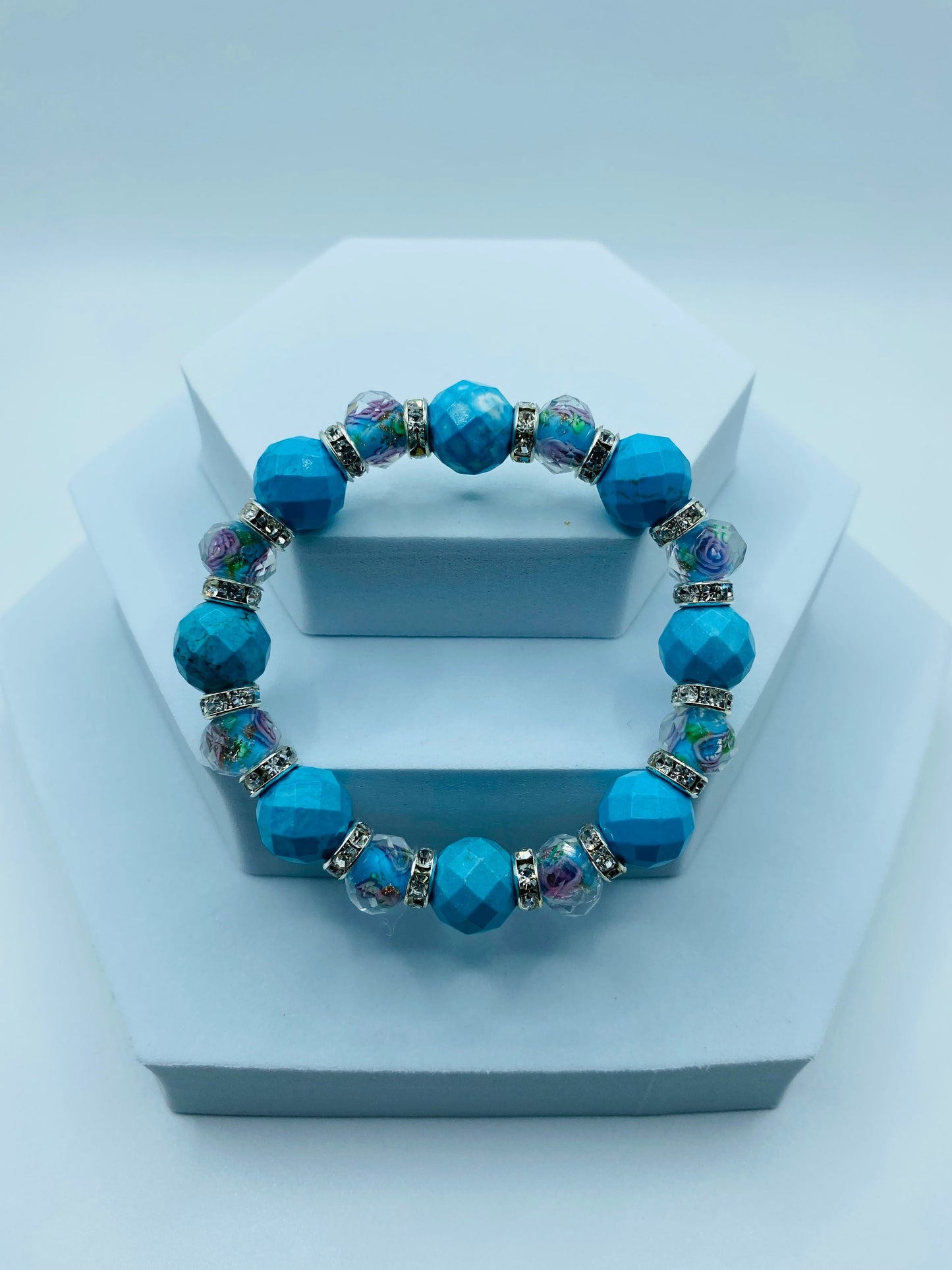 Turquoise Bracelet Custom Jewelry with Lampwork Flower Glass Beads - Mens Bracelet - Bracelets for Women