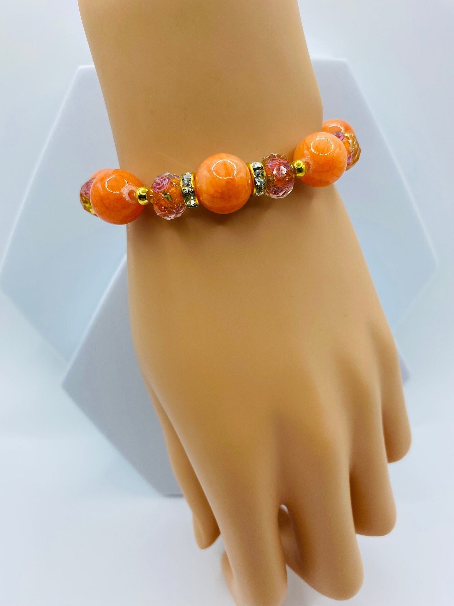 Jade Bracelet Handmade Jewelry for women, orange floral lampwork Glass Beads - Flower Bead Bracelet
