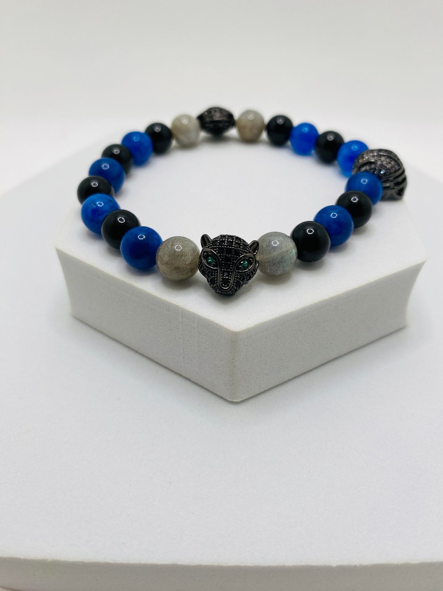 Carolina Panthers Bracelet: Onyx, Kyanite & Labradorite Gemstone Beads