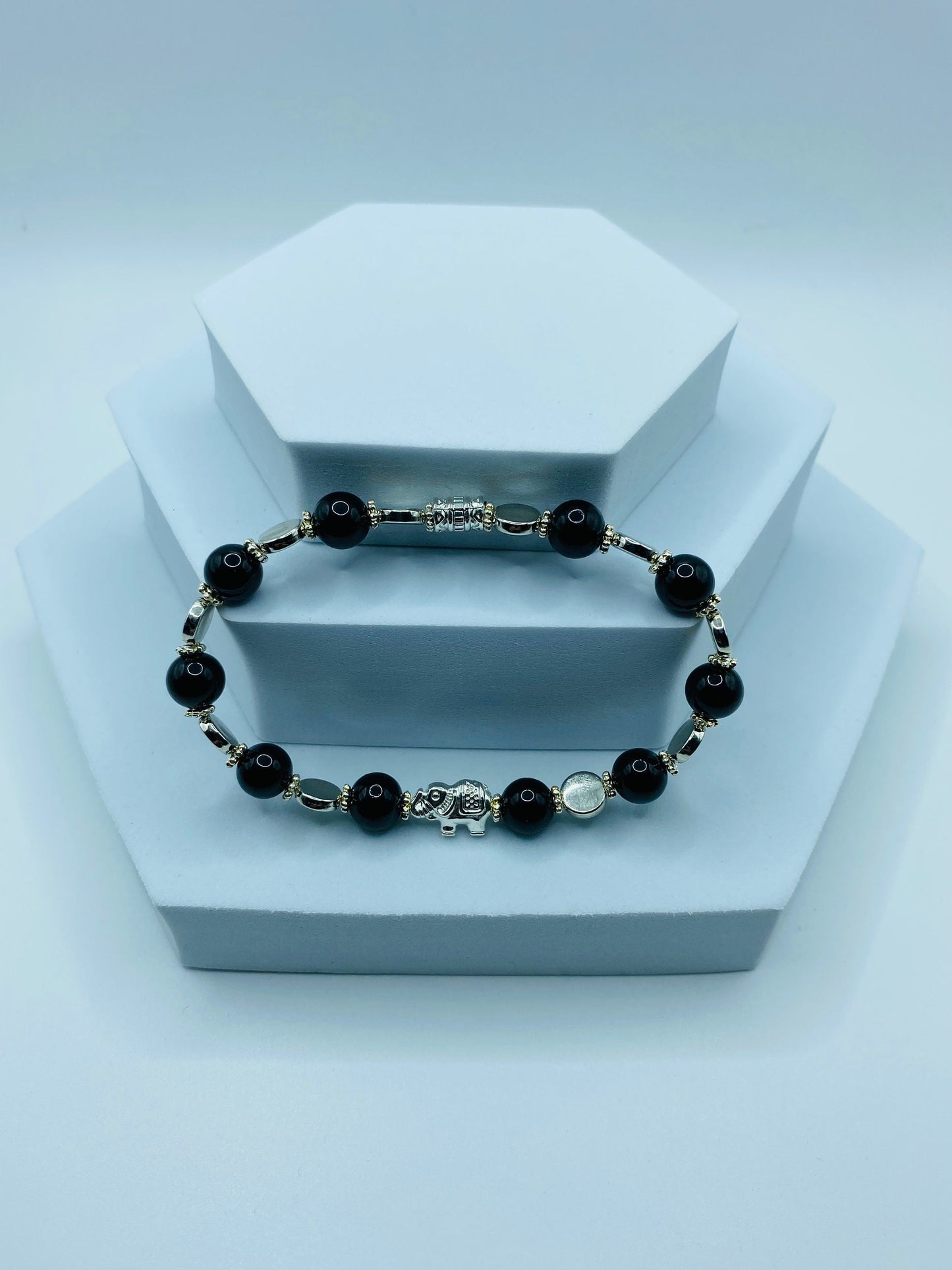 Elephant Charm Bracelet: Black Onyx Gemstone Beads, White Gold Accents
