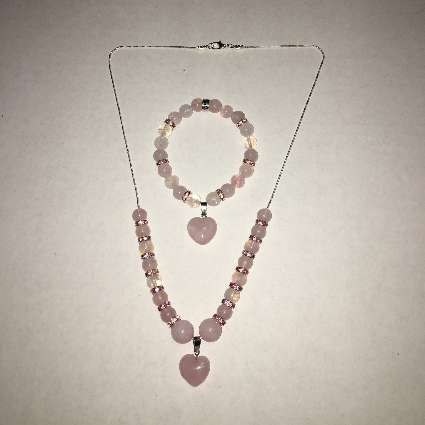 Rose Quartz Heart Necklace & Bracelet Set: Beaded Gemstone Jewelry