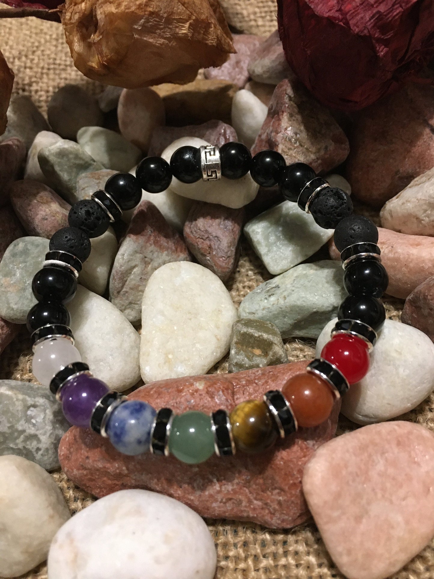 Chakra Bracelet Set: Onyx, Lava Rock, and Gemstone Healing Beads