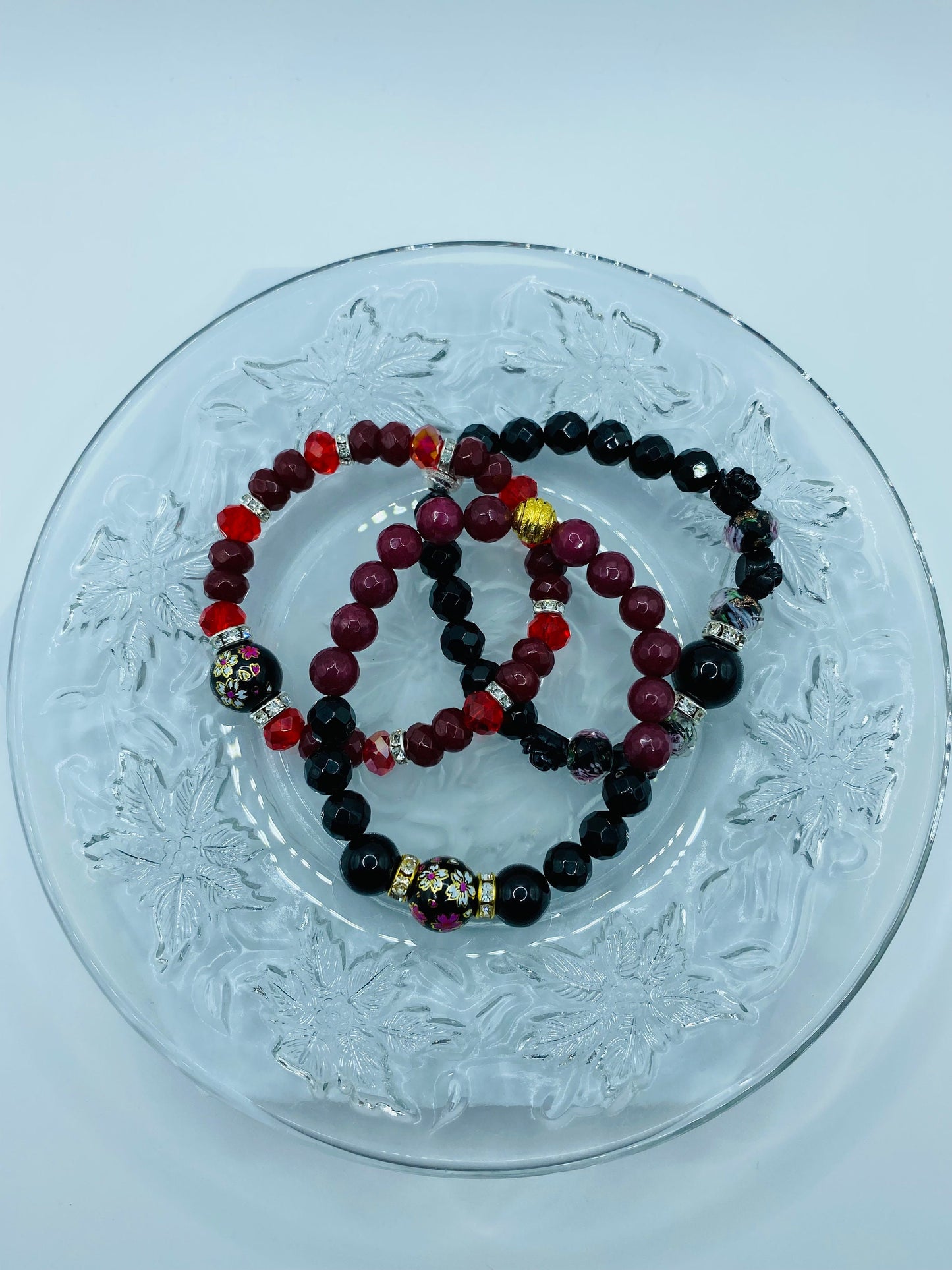 Black Onyx & Red Jade Gemstone Bracelet with Floral Lampwork Bead
