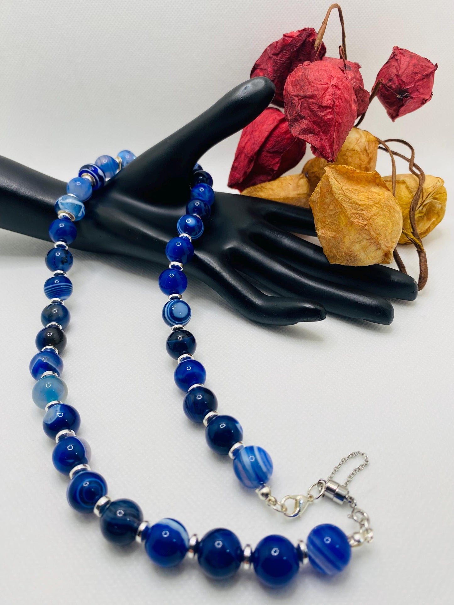 Blue Lace Agate Gemstone Necklace: Silverplated Hematite Rondelle Spacers