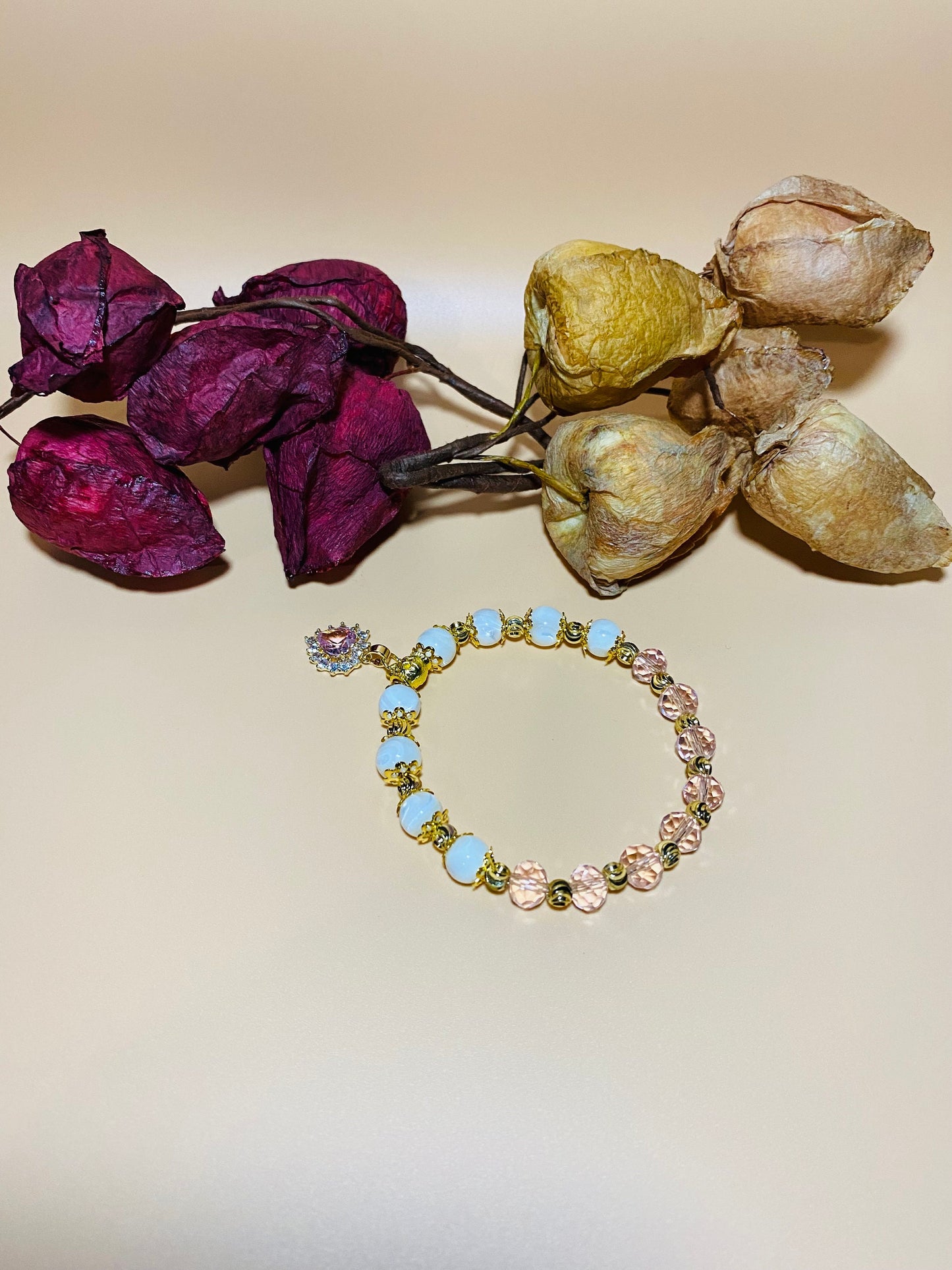 Mother of Pearl Bracelet: Pink Crystal Beads, Heart Charm, 18k Gold Accents
