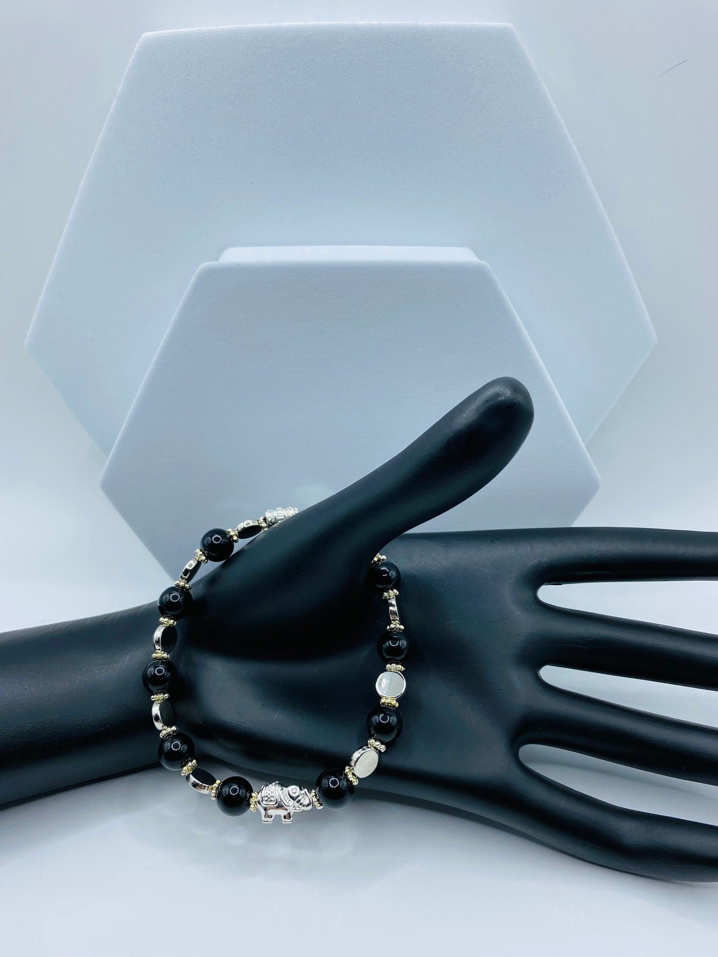Elephant Charm Bracelet: Black Onyx Gemstone Beads, White Gold Accents