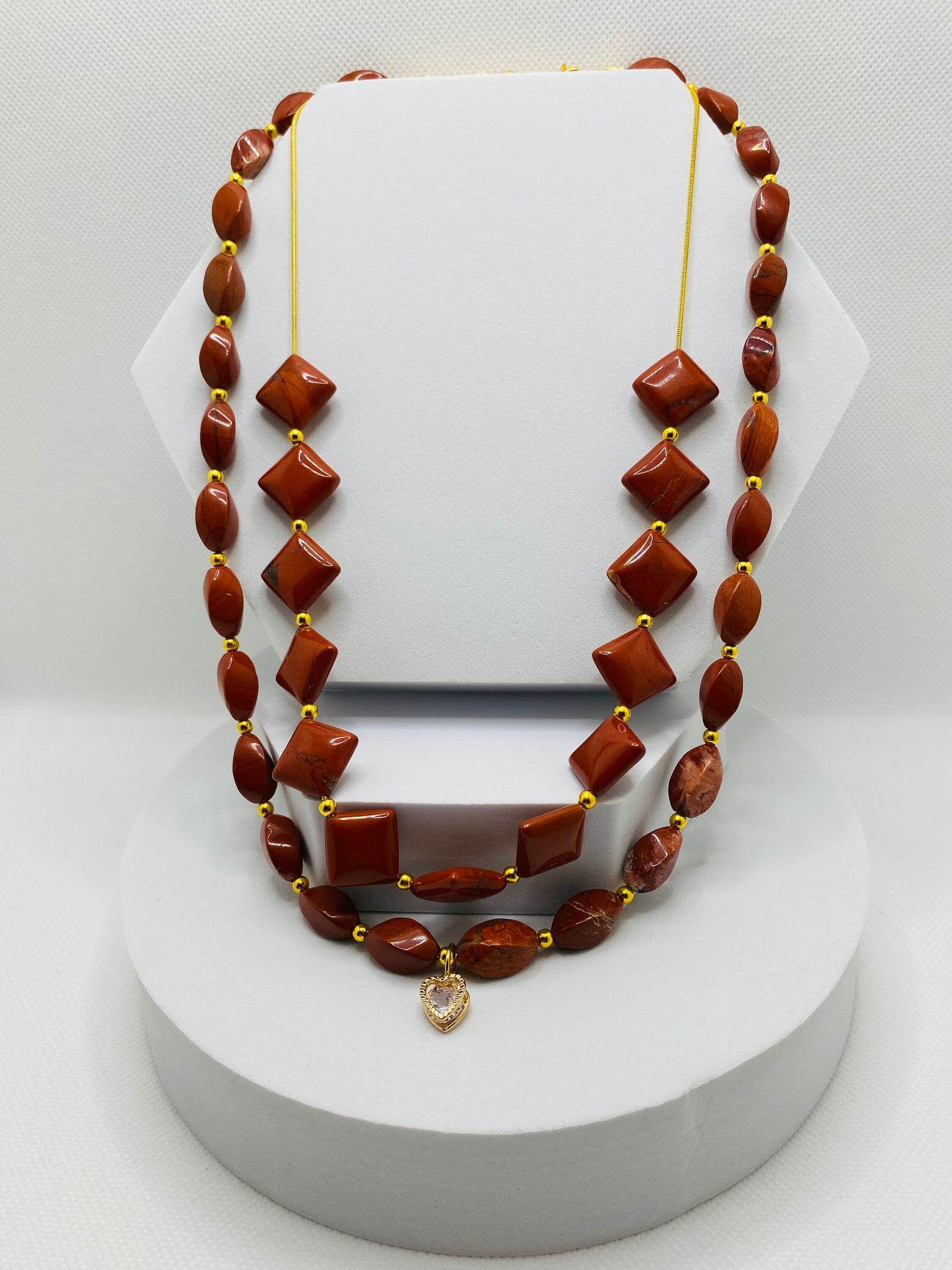 Necklaces for women Handmade Jewelry - Twisted, Diagonal Red Jasper - Gold Jewelry Beads - Heart Necklace