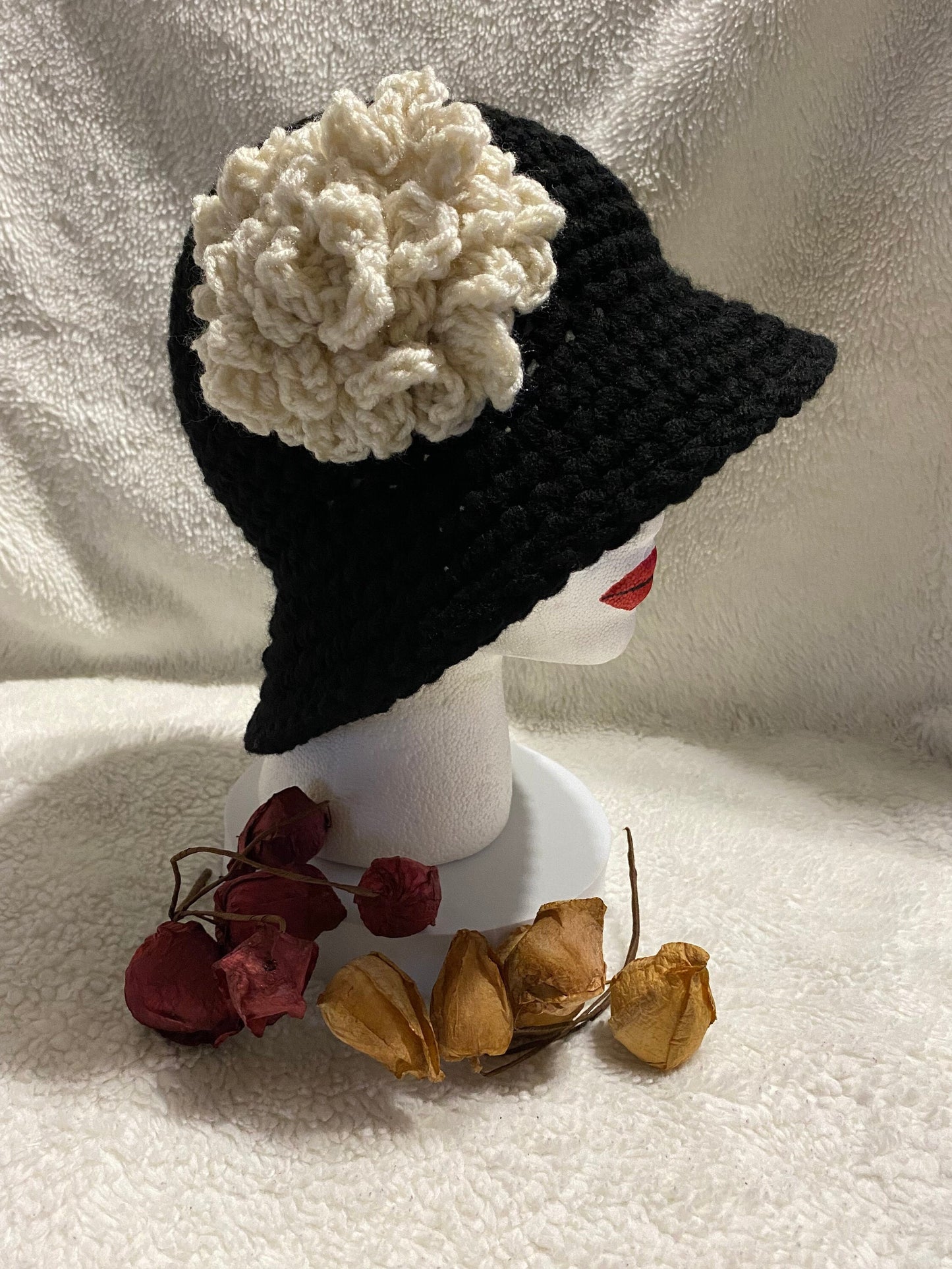 Black Crochet Bucket Hat: White Flower Accent, Handmade Acrylic