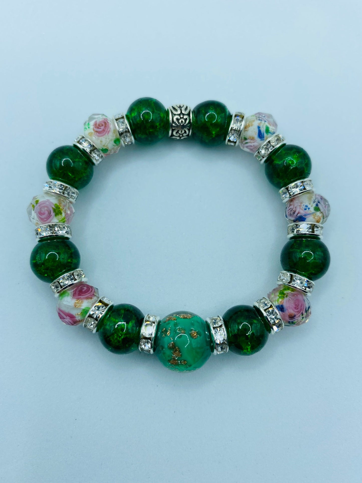 Lampwork Flower Bead Bracelet: Green Crystal, Rhinestone Accent