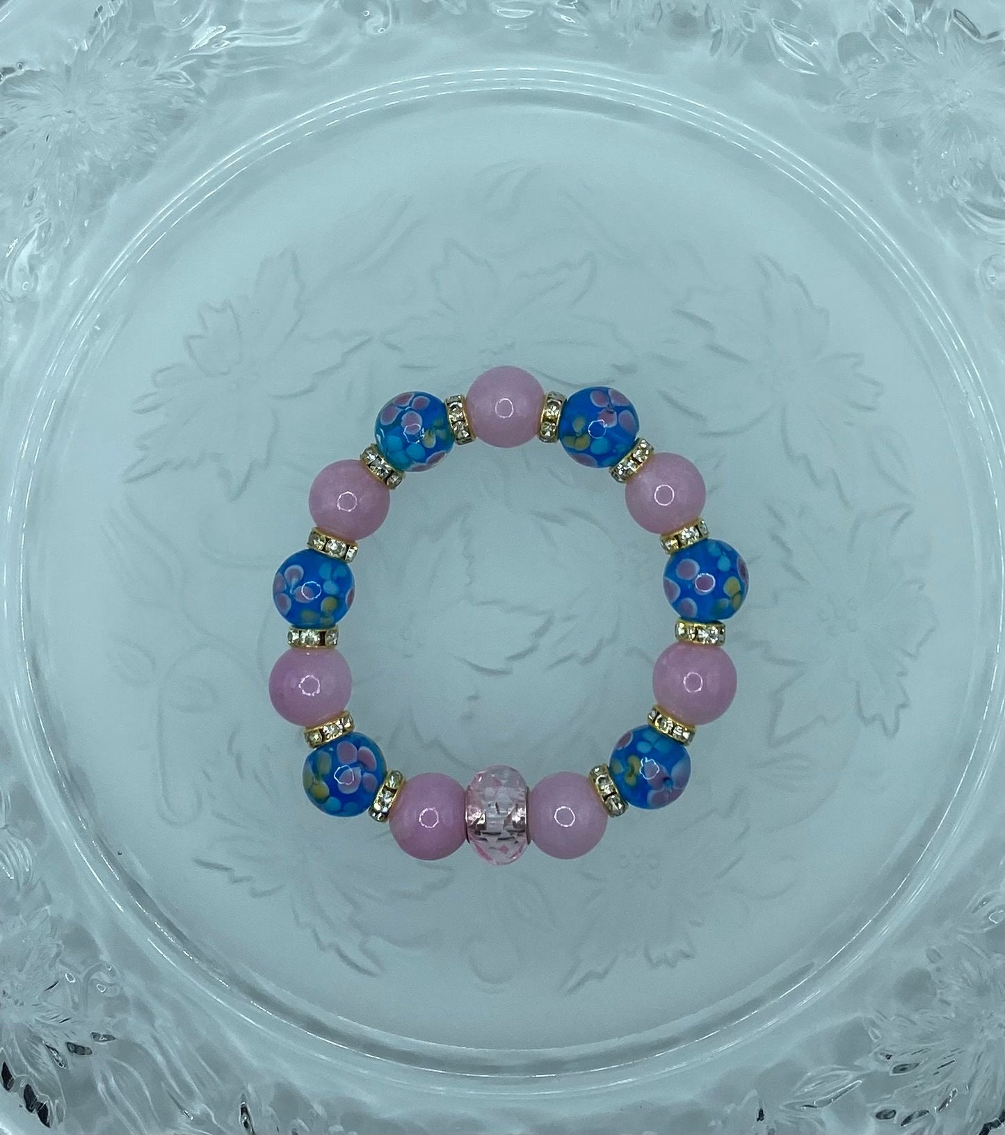 Lavender Jade Bracelet: Blue Floral Lampwork Glass & Crystal