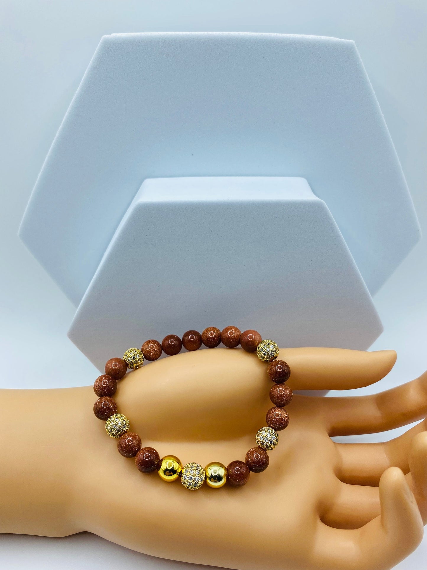 Goldstone Beaded Bracelet: 18k Gold Plated Hematite & CZ Crystals