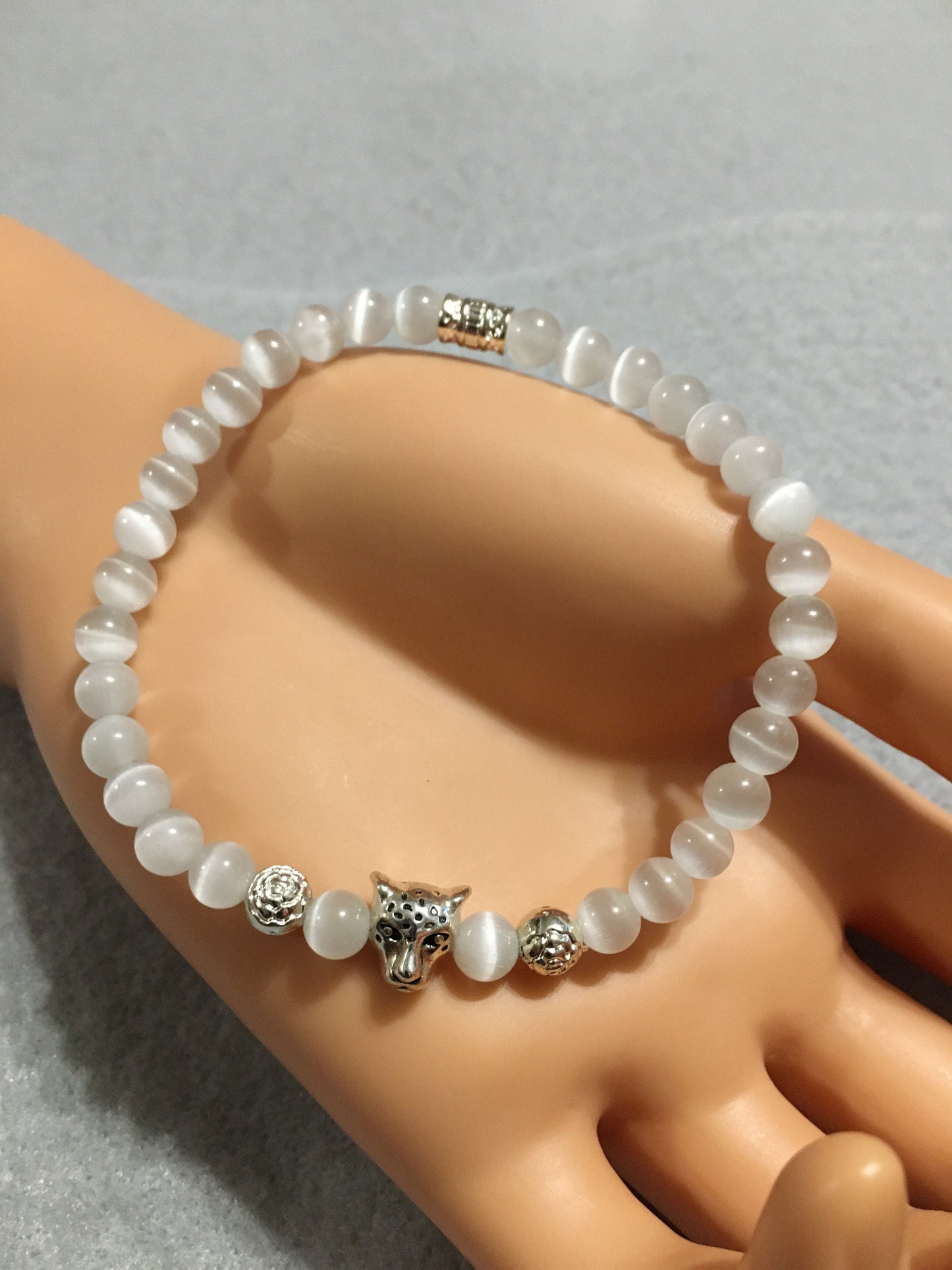 Leopard Charm Bracelet: White Cats Eye Bead, Silver Accents