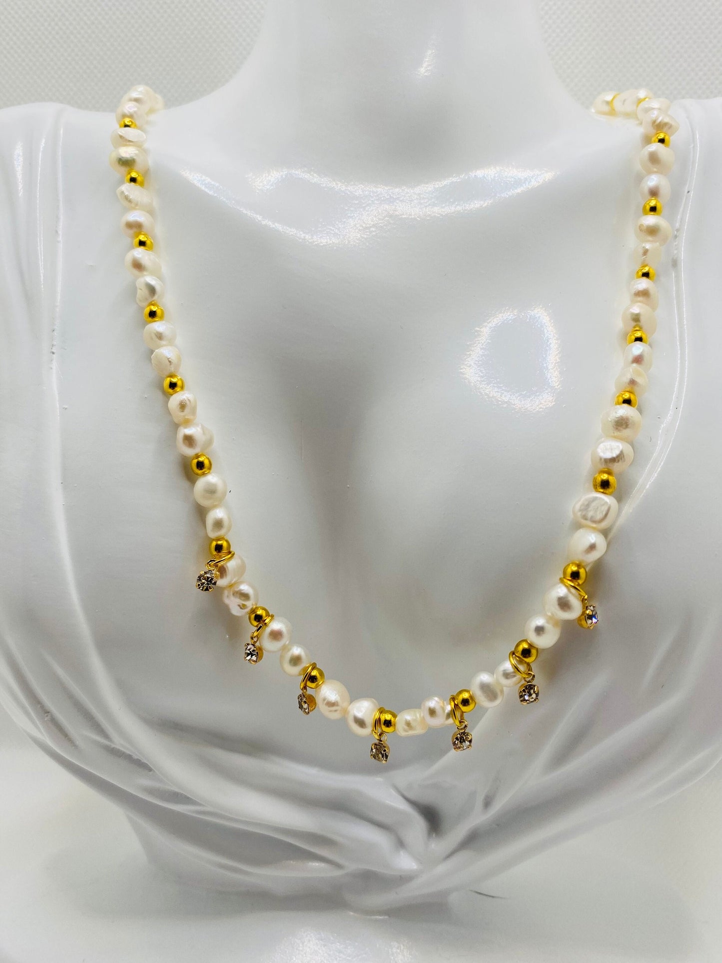 Baroque Pearl Necklace: 18k Gold Plated Hematite Beads, CZ Crystal Pendant