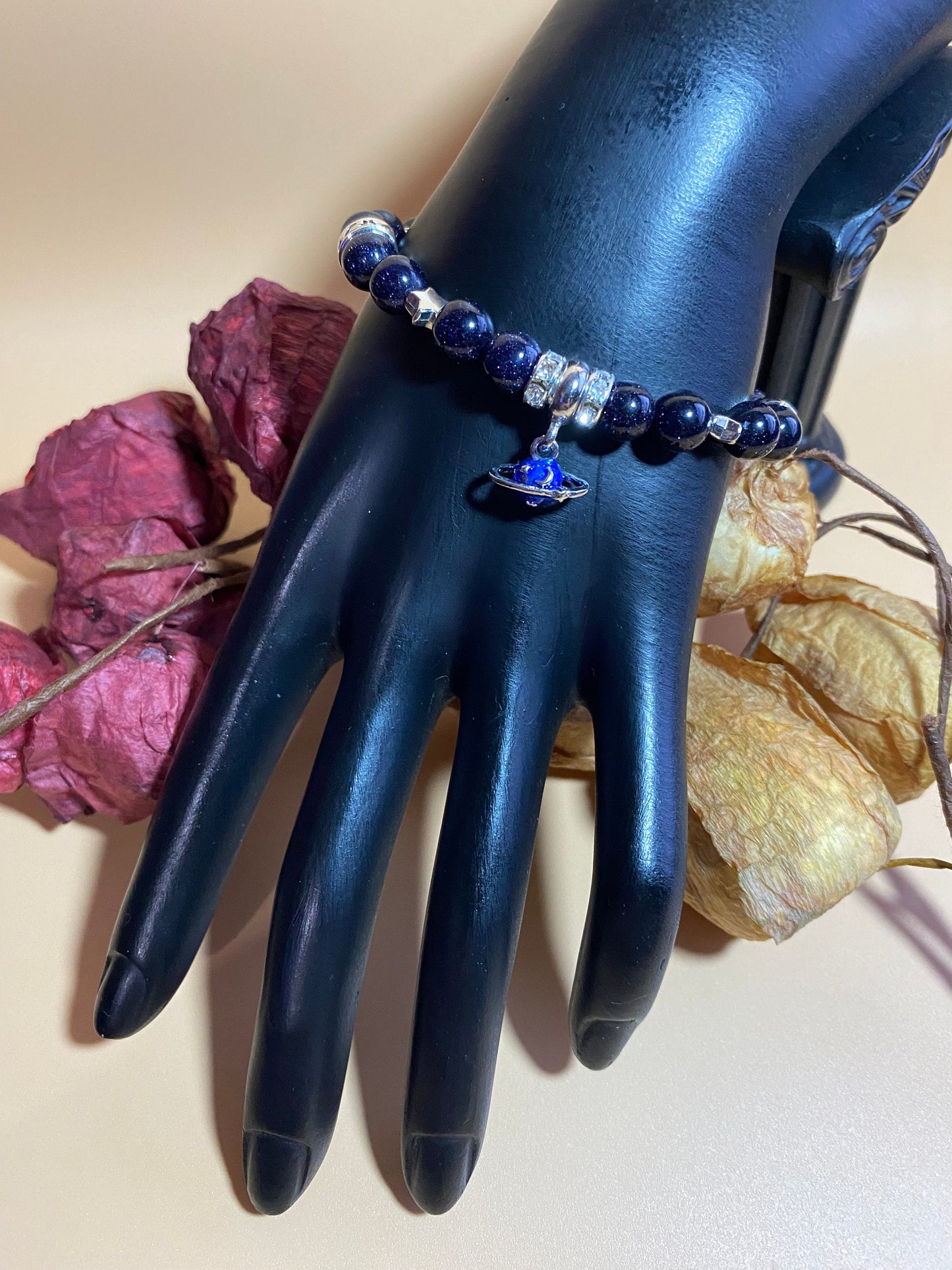 Charm Bracelet, White Gold Bracelet with Saturn Celestial Jewelry, Blue Sandstone Gemstone Beads