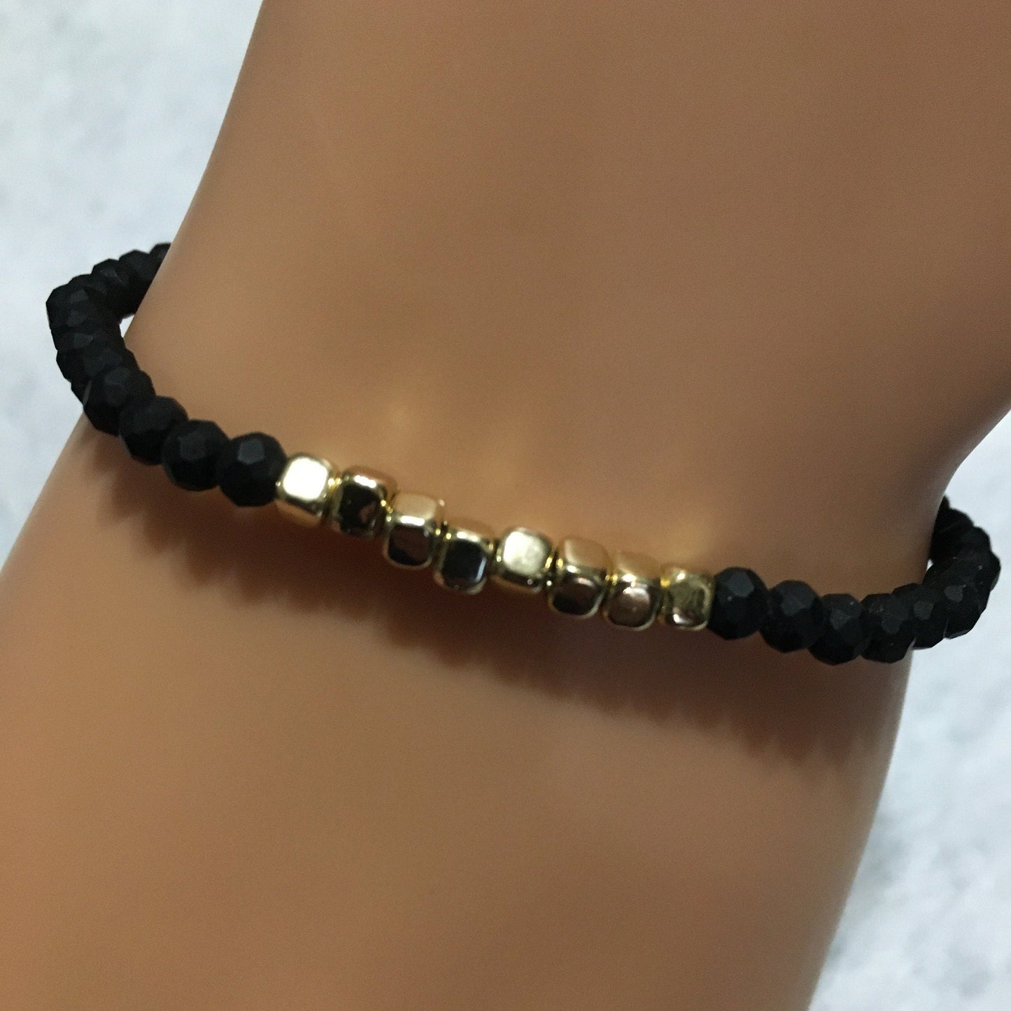 Black Quartz Crystal Bracelet with Gold Spacer Beads - Handmade