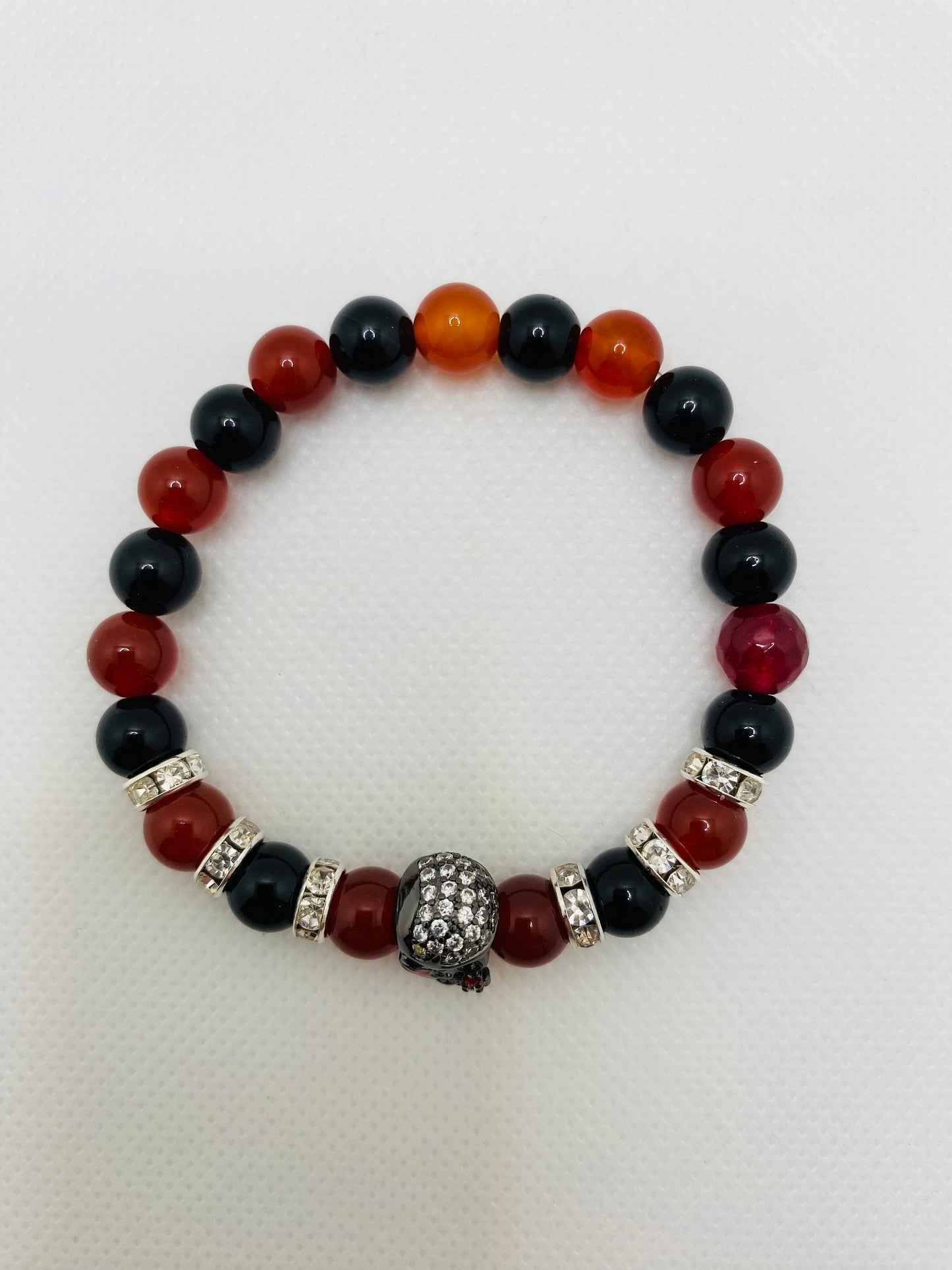 Sugar Skull Bracelet: Black Onyx, Red Carnelian, Rhinestone Rondelles