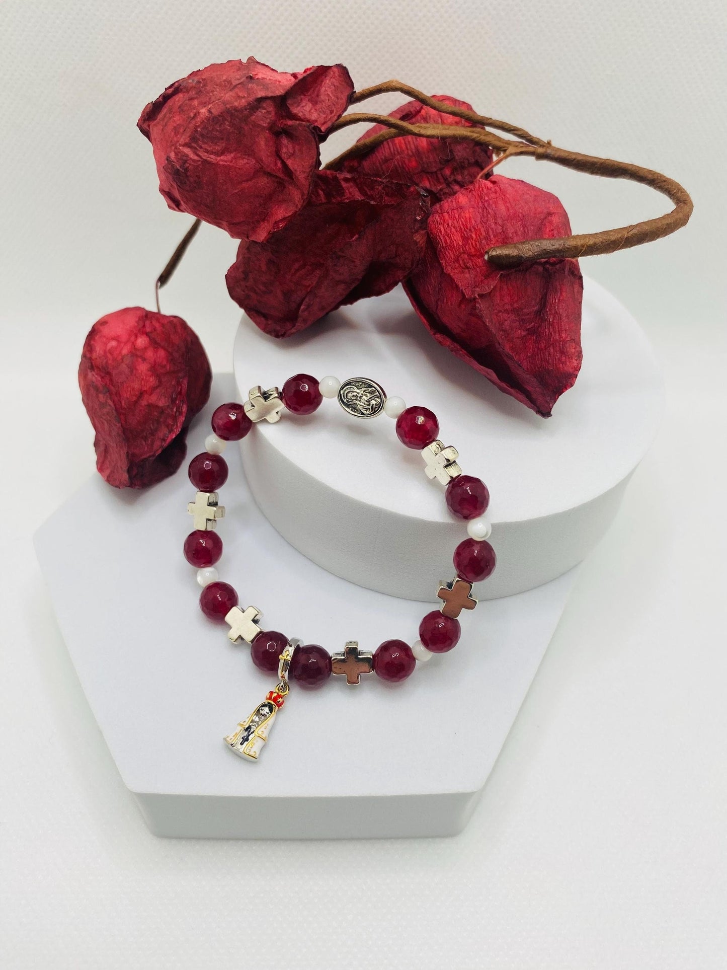 Carnelian Rosary Bracelet: Mary of Nazareth Cross Charm