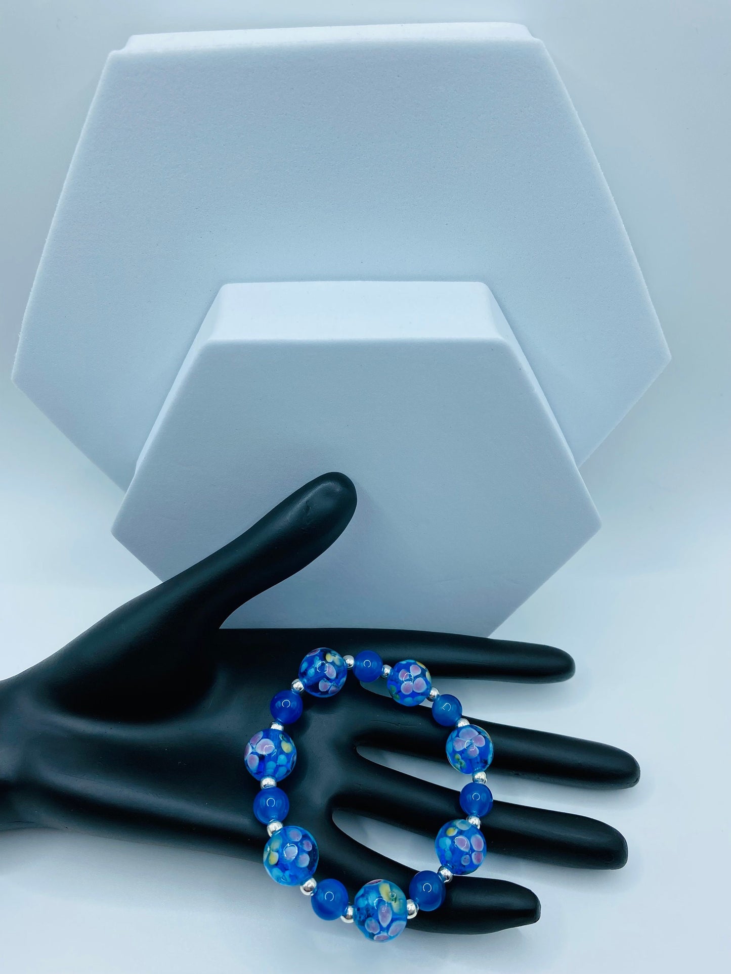 Blue Lace Agate Bracelet: Lampwork Floral Glass Beads, Silver Accents